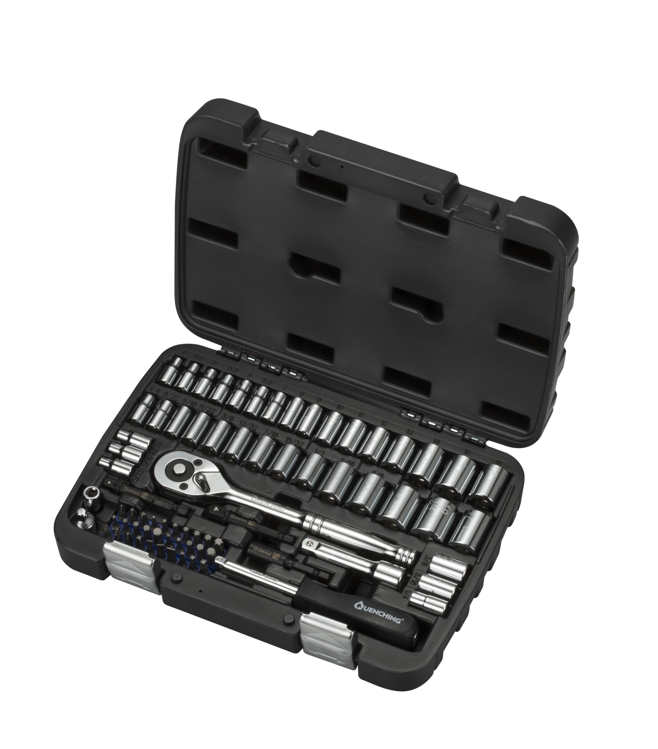 QUENCHING 74-Pcs 1/4 & 3/8 Inch Drive Socket Set with Ratchet Wrench, SAE/Metric (1/4-3/4 in, 4-19 mm) with Standard Sockets, Bit Set, Extension Bar, Adapter & Case for Auto Repair