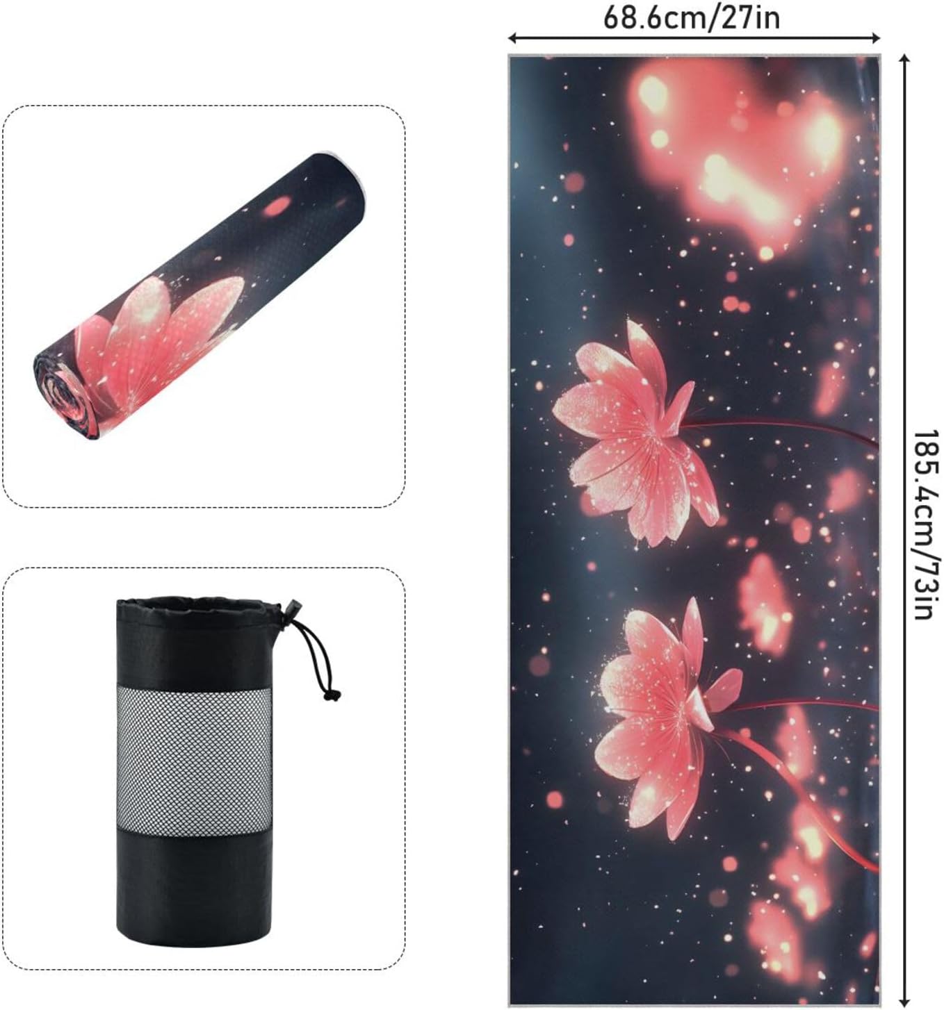 Yoga Mat Towel with Silicone Grip Dot Floral Beautiful – 73"x27" Non-Slip Sweat Absorbent Microfiber Yoga Towel for Home Gym Studio