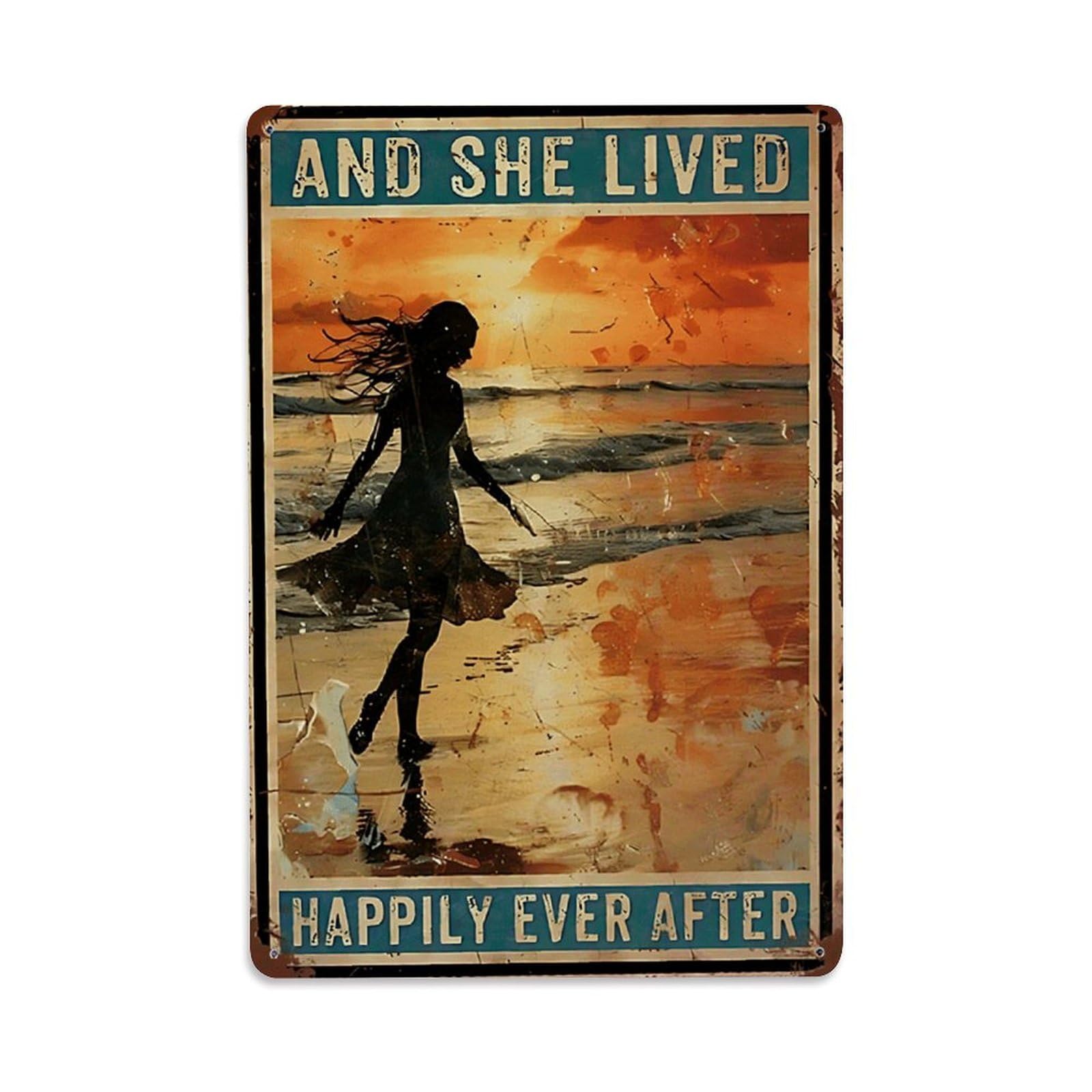 Jdfenggu Vintage Woman Walking On Beach Sunset Retro Metal Tin Sign, Metal Poster For Bar, Home, Man Cave, Kitchen, Laundry Room Art Decor 8X12 Inch