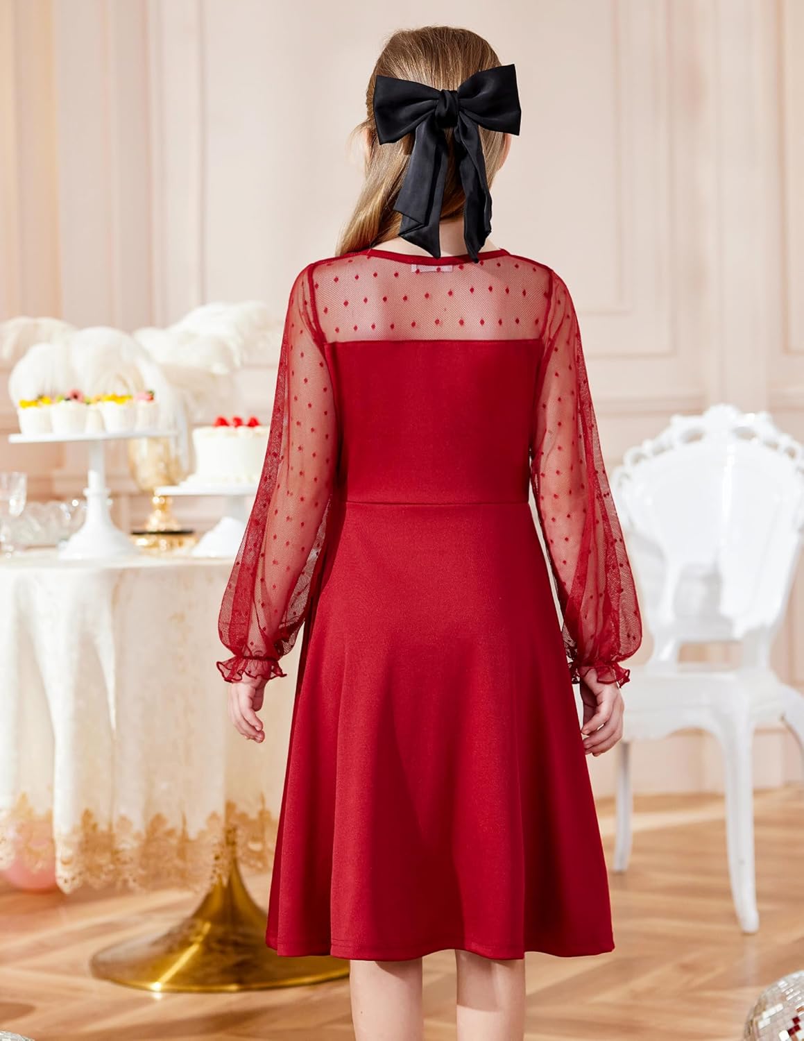 Flypigs Girl's Dress Sheer Mesh Puff Long Sleeve High Waist Party Dresses with Pockets for 6-13 Years - Image 5