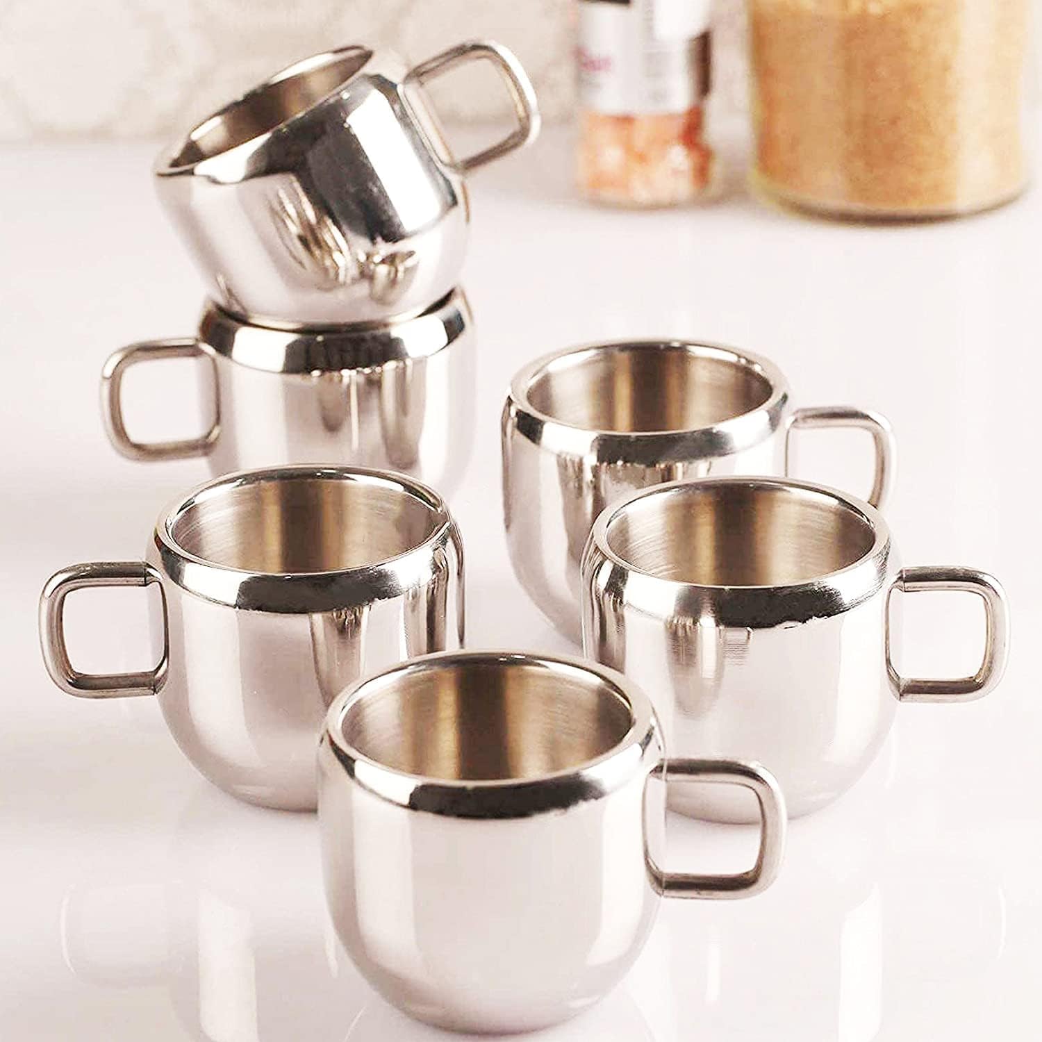 Filiżanka do kawy filiżanka do espresso, podwójna ścianka, ze stali nierdzewnej, wielokrotnego użytku, nadaje się do mycia w zmywarce, zestaw 6 szt