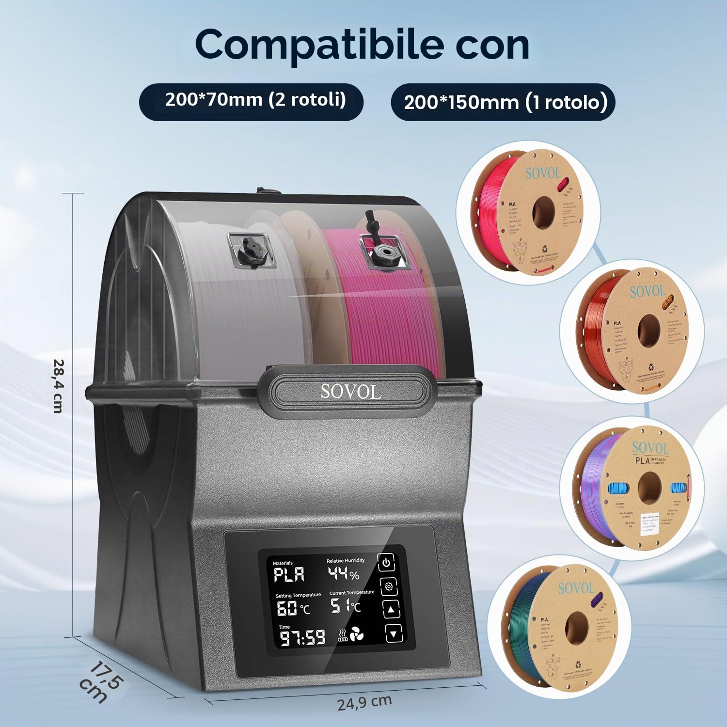 Sovol SH02 Essiccatore Filamento 3D 2025, Filament Dryer per 2 bobine di filamento 3D, 150W PTC Riscalda fino a 70°C per PLA/ABS/TPU/altri materiali di stampa 3D