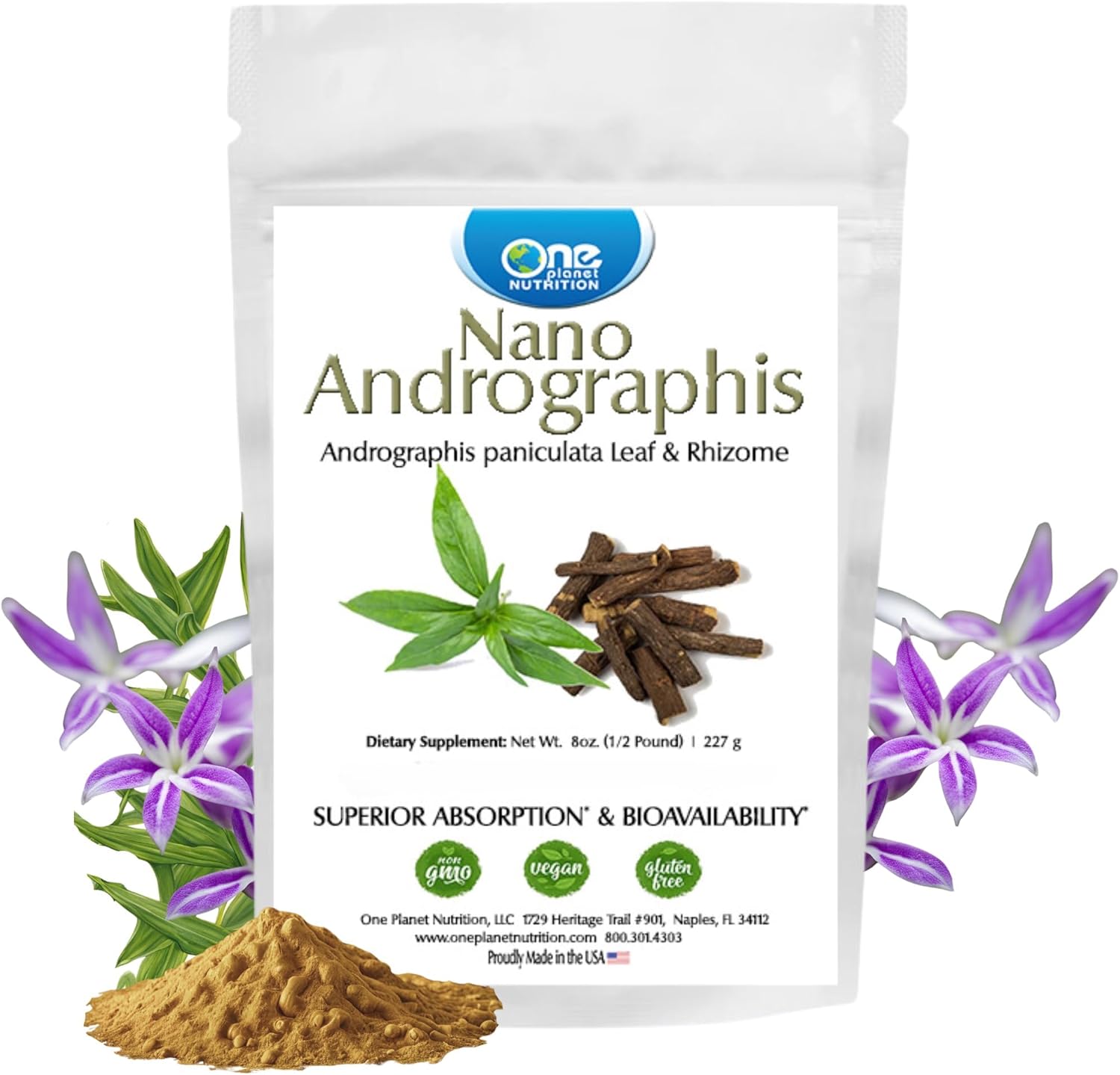 One Planet Nutrition Nano Andrographis Powder 8 oz (227 Servings) - Nano-Particle Size Andrographis Extract - Supports Overall Wellness - Non-GMO, Vegan, Gluten-Free