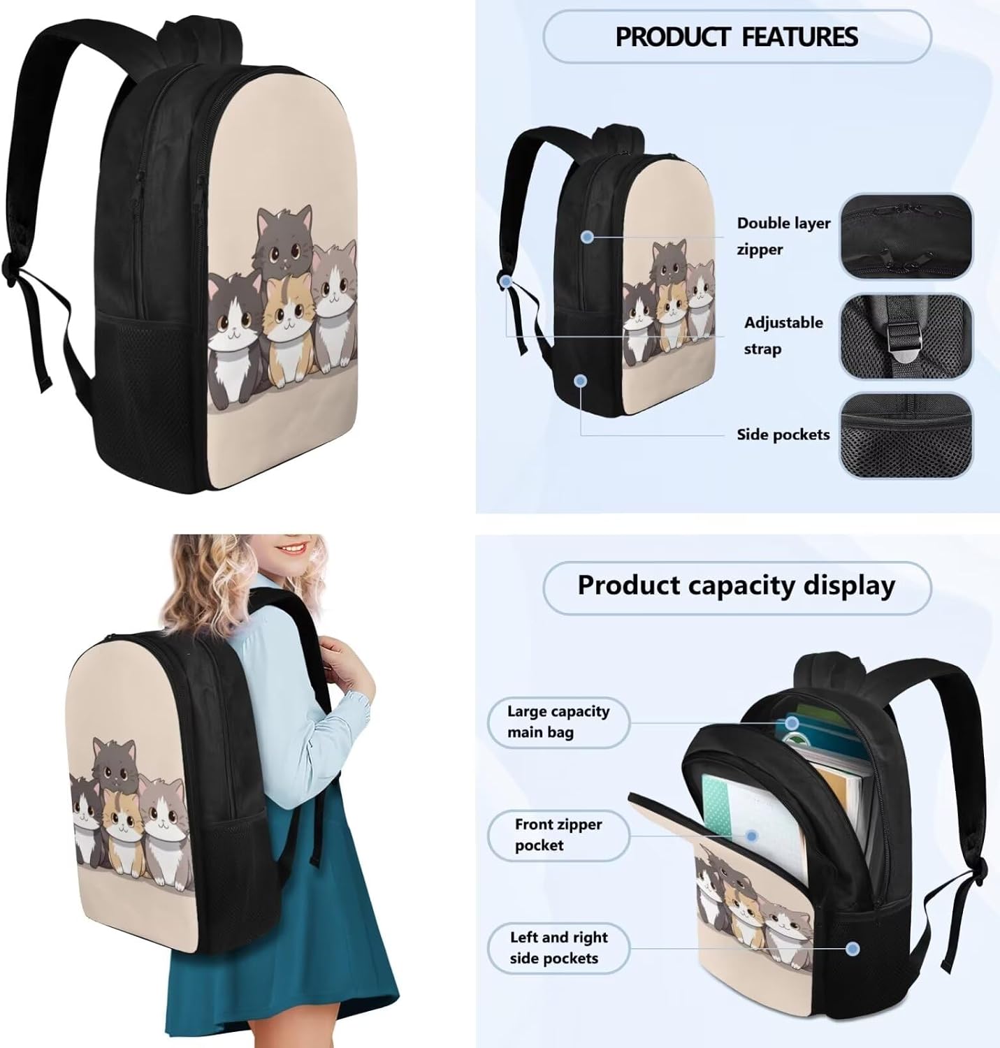Lovely Cat Backpack for Girls Boys 4PCS Backpack Set with Lunch Box Pencil Case and 2Pcs Bookmark Trendy School Bag for Elementary Middle School Students Travel Daypack Gifts