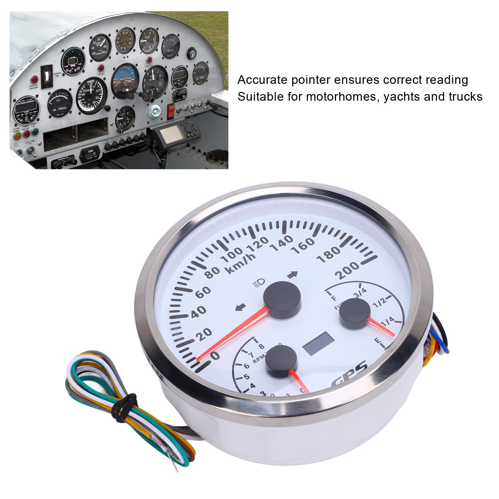 Medidor de odómetro GPS, velocímetro de 110 mm, tacómetro, 0-200 KM H, 0-8000 RPM, indicador de nivel de con señales de giro para camión yate RV (Esfera blanca y bisel plateado CXA098)