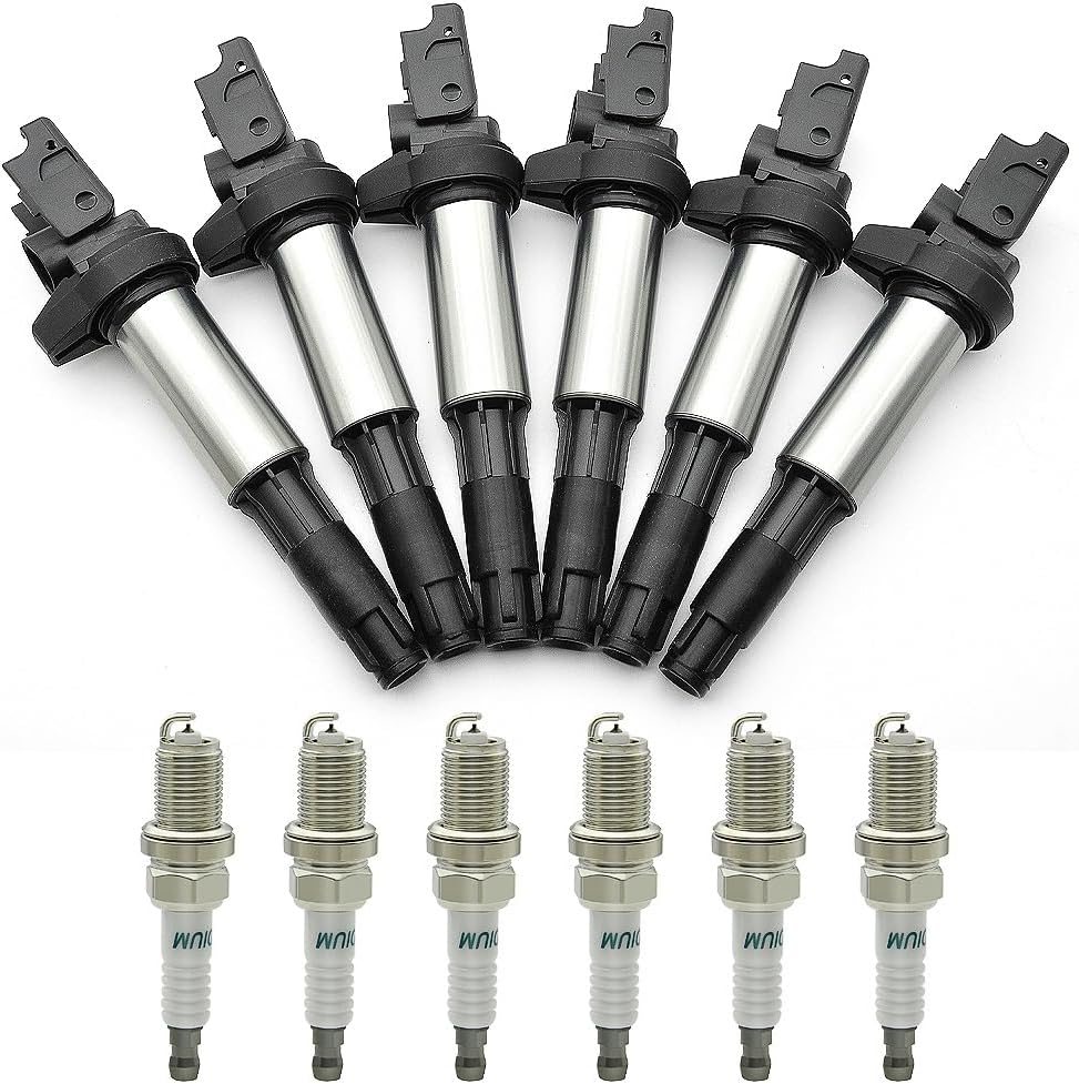 Set of 6 UF522 Ignition Coil and Spark Plug Set Compatible with BMW 128i 135i 323i 325ci 330i 525i M3 X3 X5 X6 Z3 2.5L 3.0L 3.2L Replaces# 12137551260 UF515 C1404 C1477 12131712219 UF‑522 12758