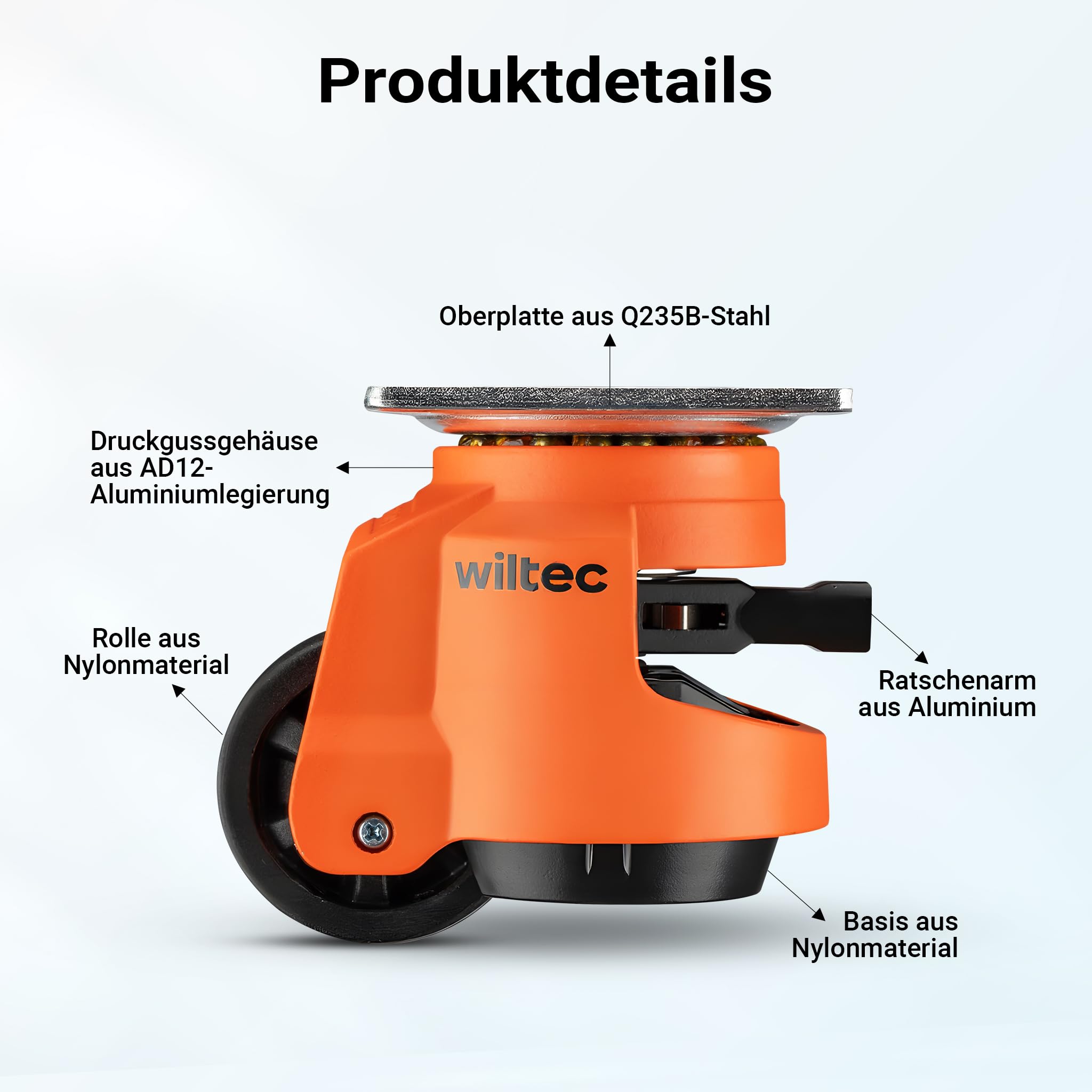 Wiltec Set di ruote per carichi pesanti con impugnatura a cricchetto 2000 kg, 4 pezzi, ruote retrattili per mobili, 4 rotelle da trasporto da 500 kg per mobili, macchinari e ausili di trasporto