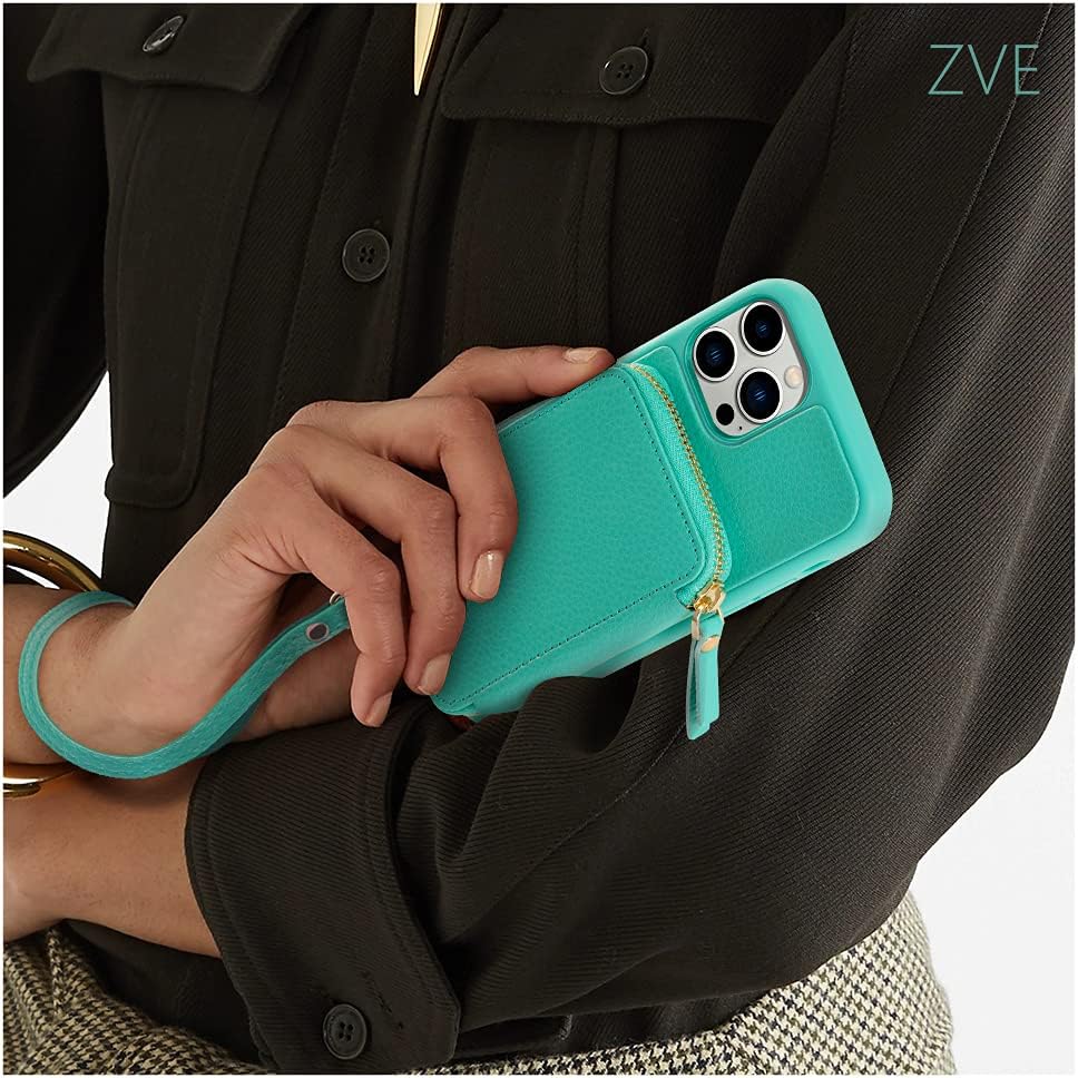 ZVE iPhone 13 Pro Wallet Case with RFID, Zipper Wallet Case with Card Holder Slot Wrist Strap Handbag Protective Leather Cover Gift for Women Compatible with iPhone 13 Pro 6.1" 5G (2021)- Mint Green