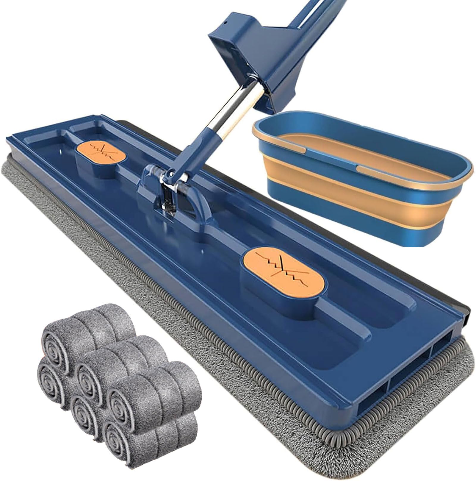 Mopa plana grande, fregona de microfibra con 6 almohadillas de fregona, para uso húmedo y seco, fregona de limpieza ajustable giratoria de 360 grados, mango largo con almohadillas de microfibra