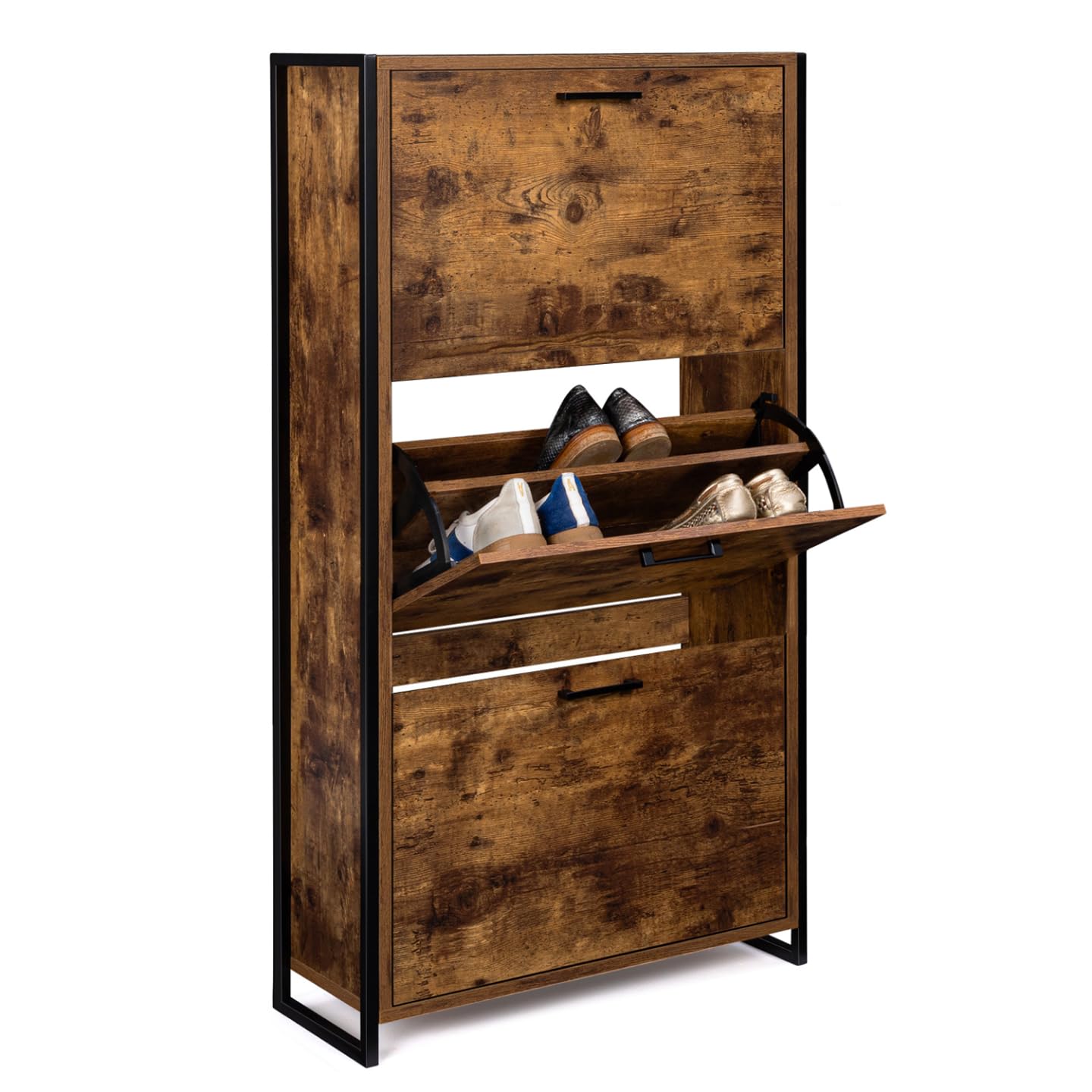 Scarpiera Industriale Relaxdays Con 3 Ante – 140×60×24 Cm, 14 Paia, Divisori Regolabili, Vano A Giorno, Marrone, Per Corridoi Stretti