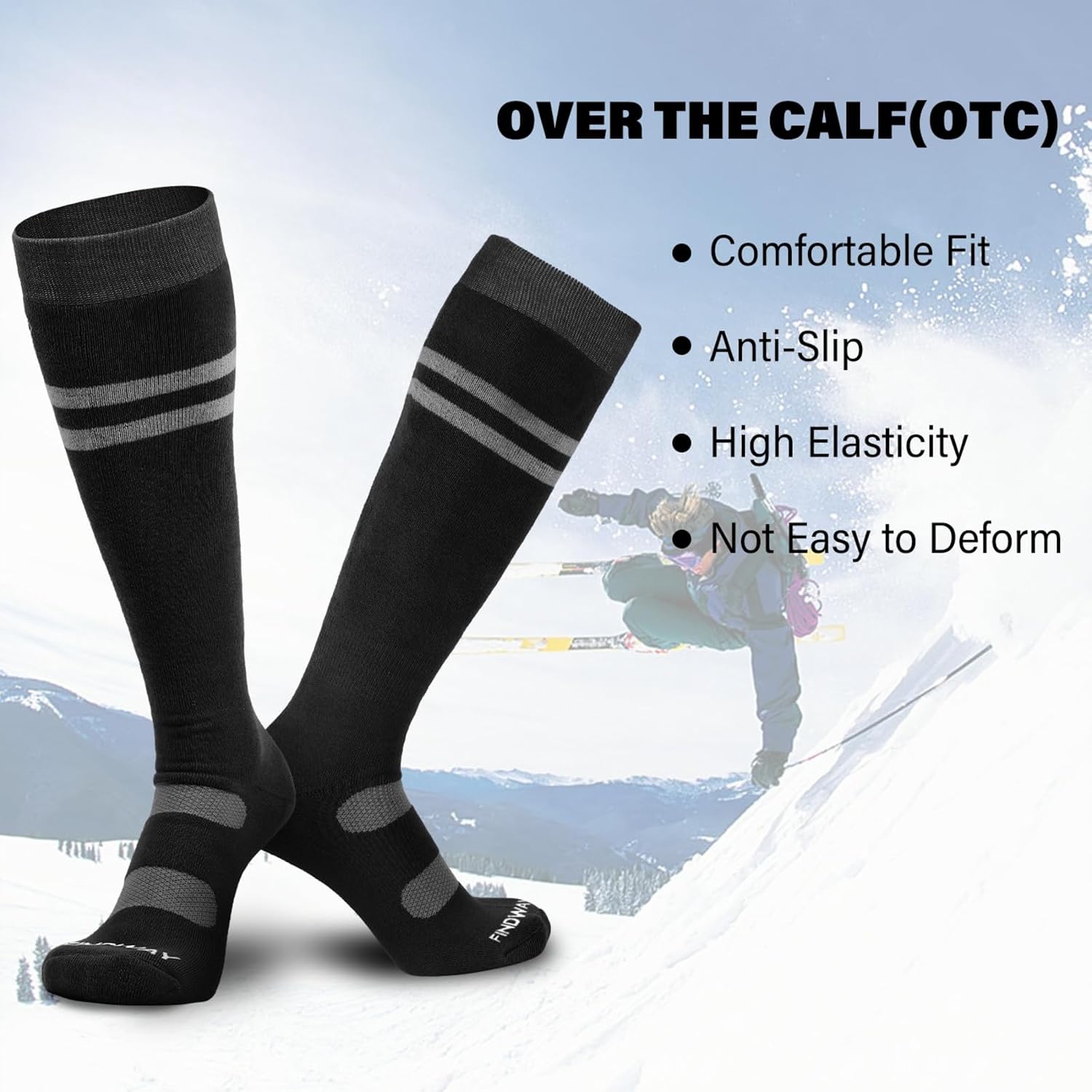findway Ski Socks, 2/3 Pairs Snowboarding and Skiing Socks, OTC Non-Slip Cuff Winter Thermal Warm Socks for Men & Women