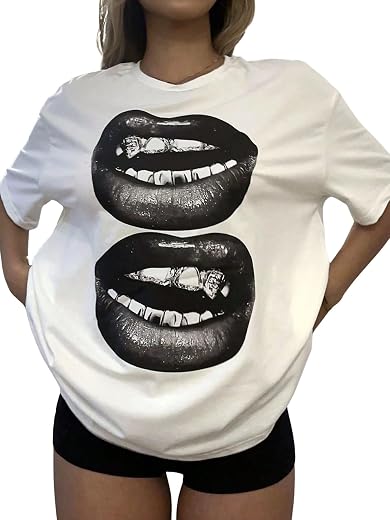 SXV STYLE Women's White T-Shirt with Black Lips Graphic Print, Short Sleeve, Casual Style