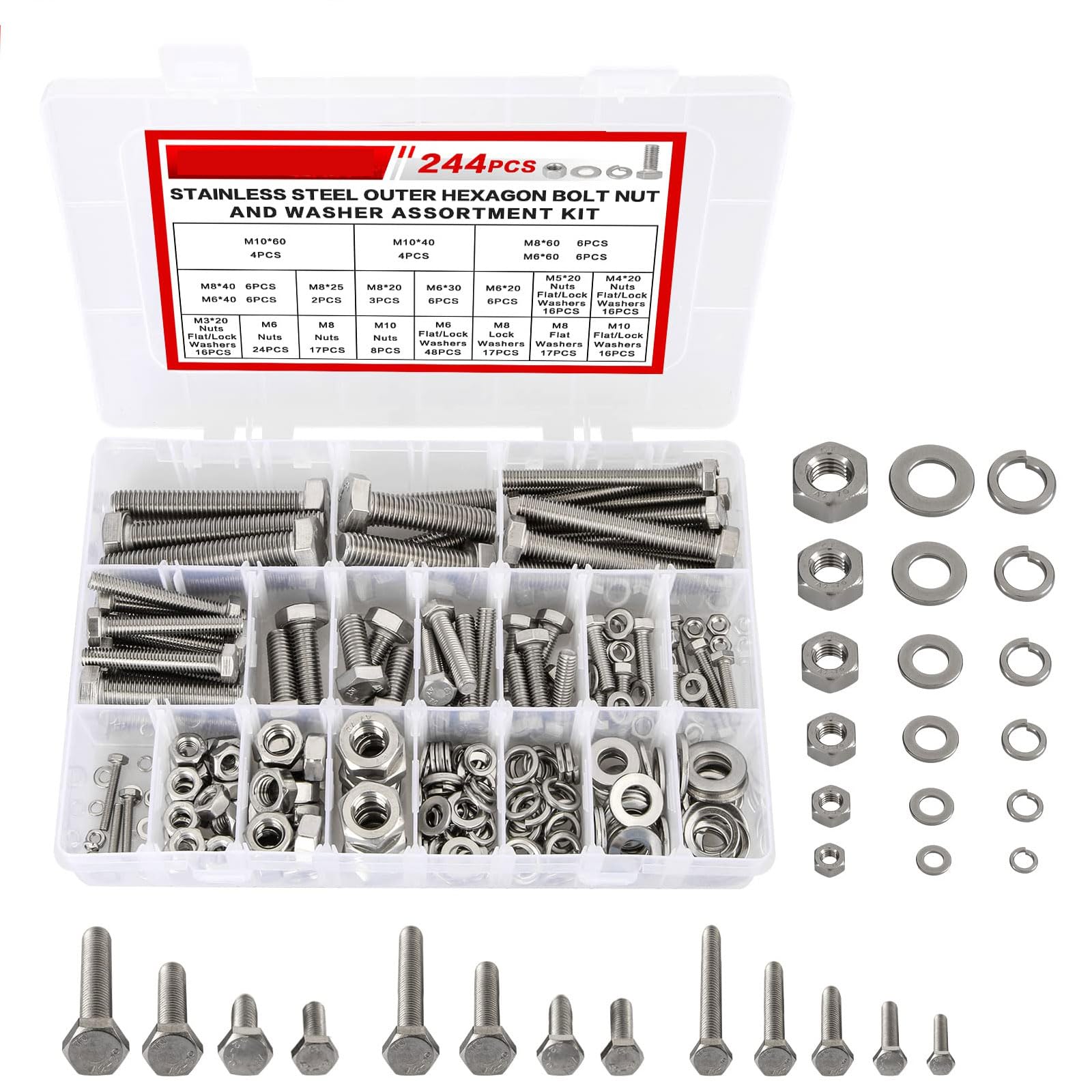 M3 M4 M5 M6 M8 M10 Screws Bolts Nuts Lock and Flat Gasket Washers Assortment Kit, Stainless Steel Flat Hex Head Screws Bolts Nuts, Precise Metric Screws and Nuts Set, included Tool Box, 244 PCS