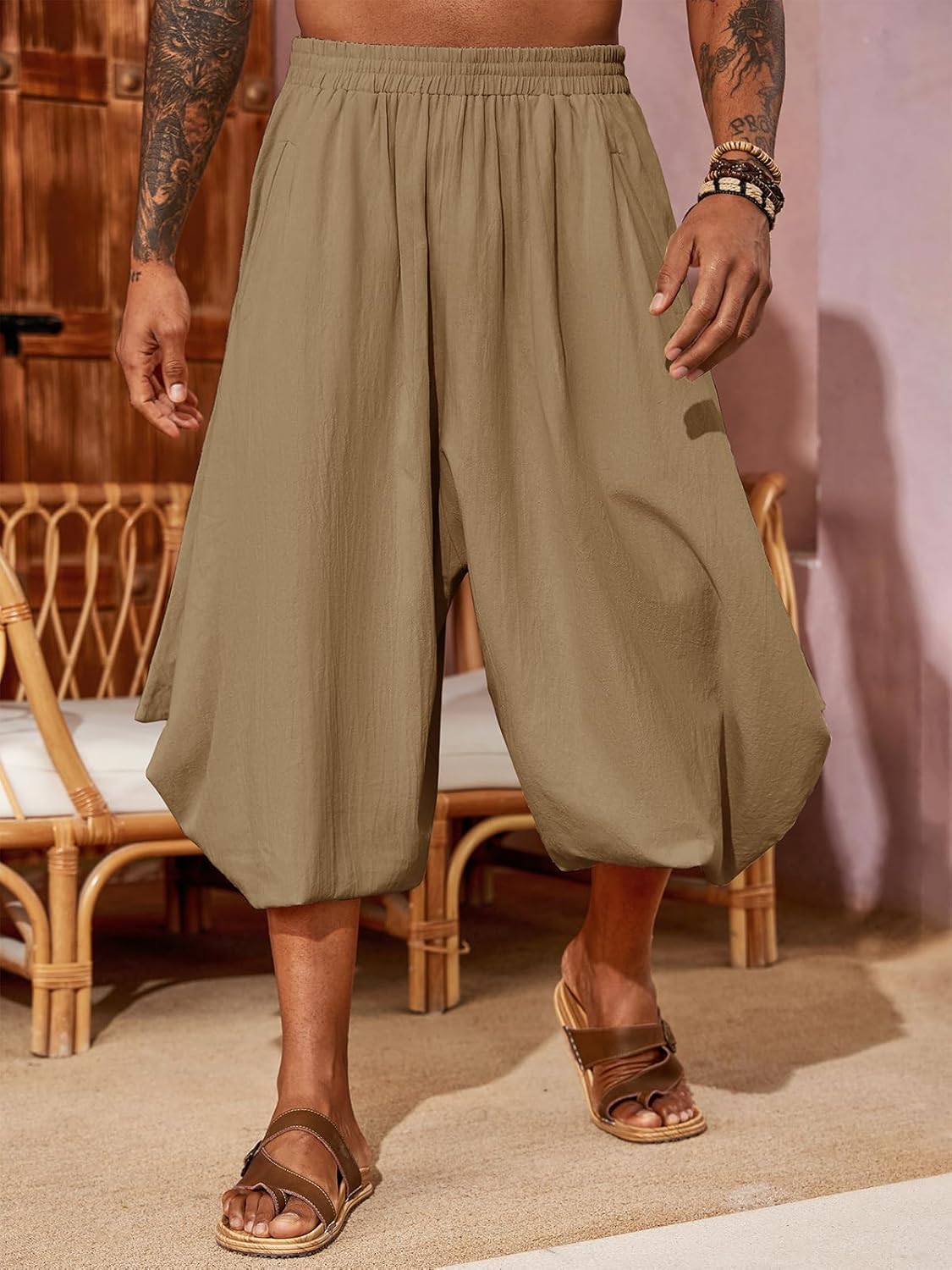 PASLTER Mens Harem Pants Linen Yoga Beach Baggy Summer Boho Aladdin Genie Pants - Image 2