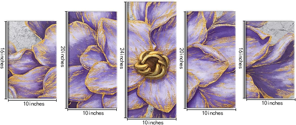 Kalormore 5 Pieces Vintage Purple Gold Flowers Painting Giclee Canvas Prints Floral Picture Artwork Gallery Wrapped Artwork for Modern Living Room Bedroom Ready to Hang