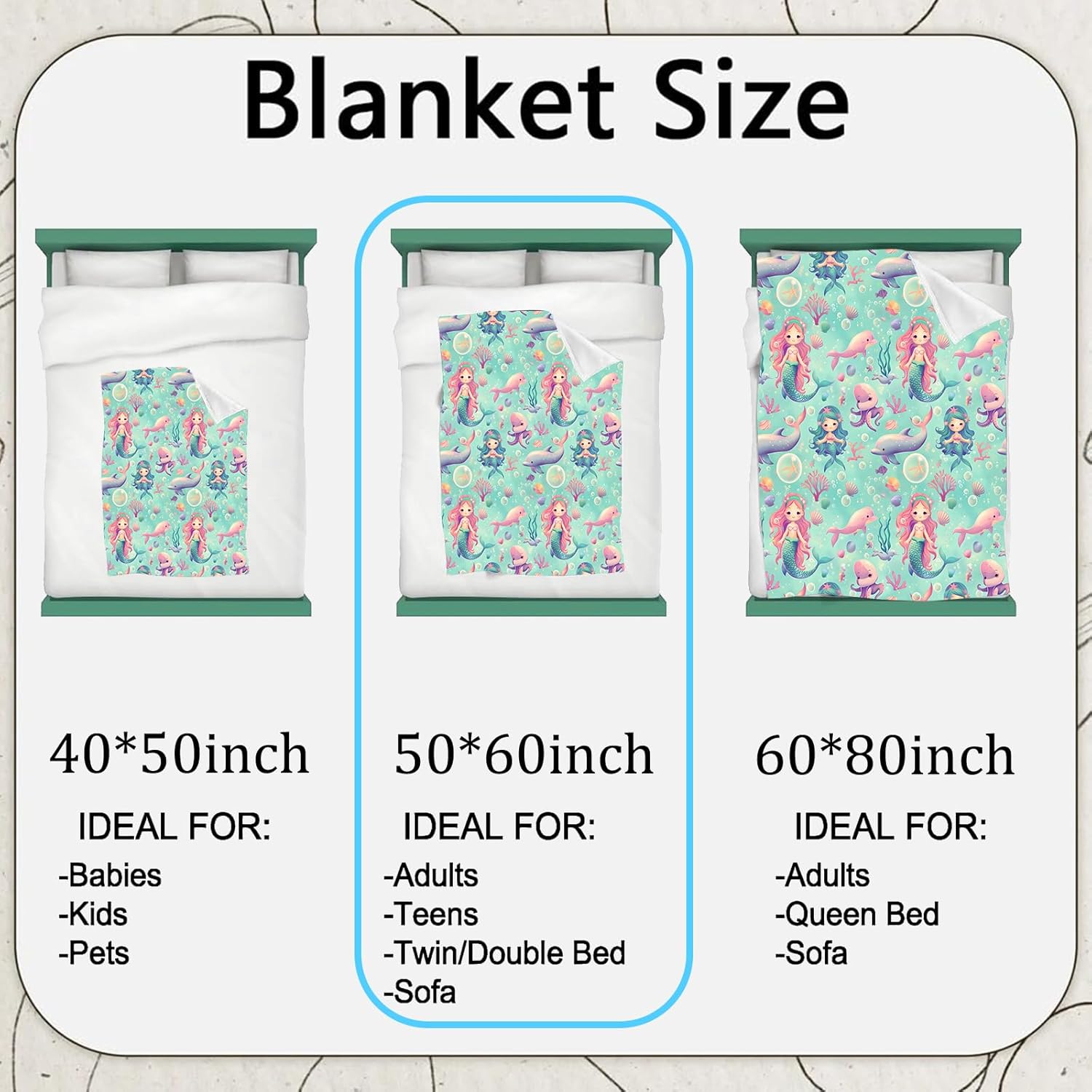 Magical Mermaid Flannel Blanket,Cute Ocean Design Throw with Dolphin,Octopus,Coral and Sea Shell,Lightweight Fleece Blankets for Marine Lover,Couch,Cabin,Bed,Camping Decor Gifts,60x50in