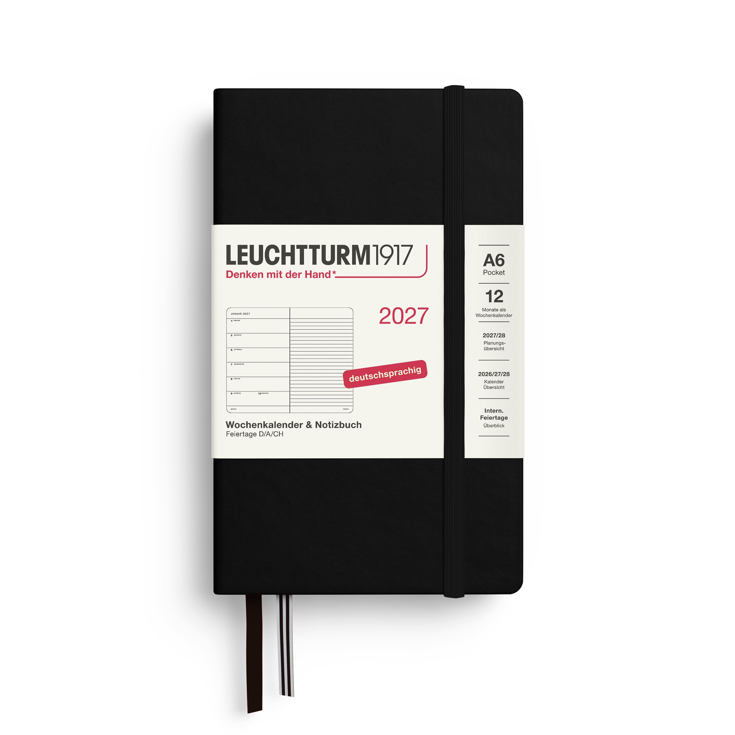 Leuchtturm1917 Weekly Planner 2027 Pocket (A6) with Notebook - Schedule Planner German, Black, January-December 2027, Weekly Overview on the Left + Note Page on the Right