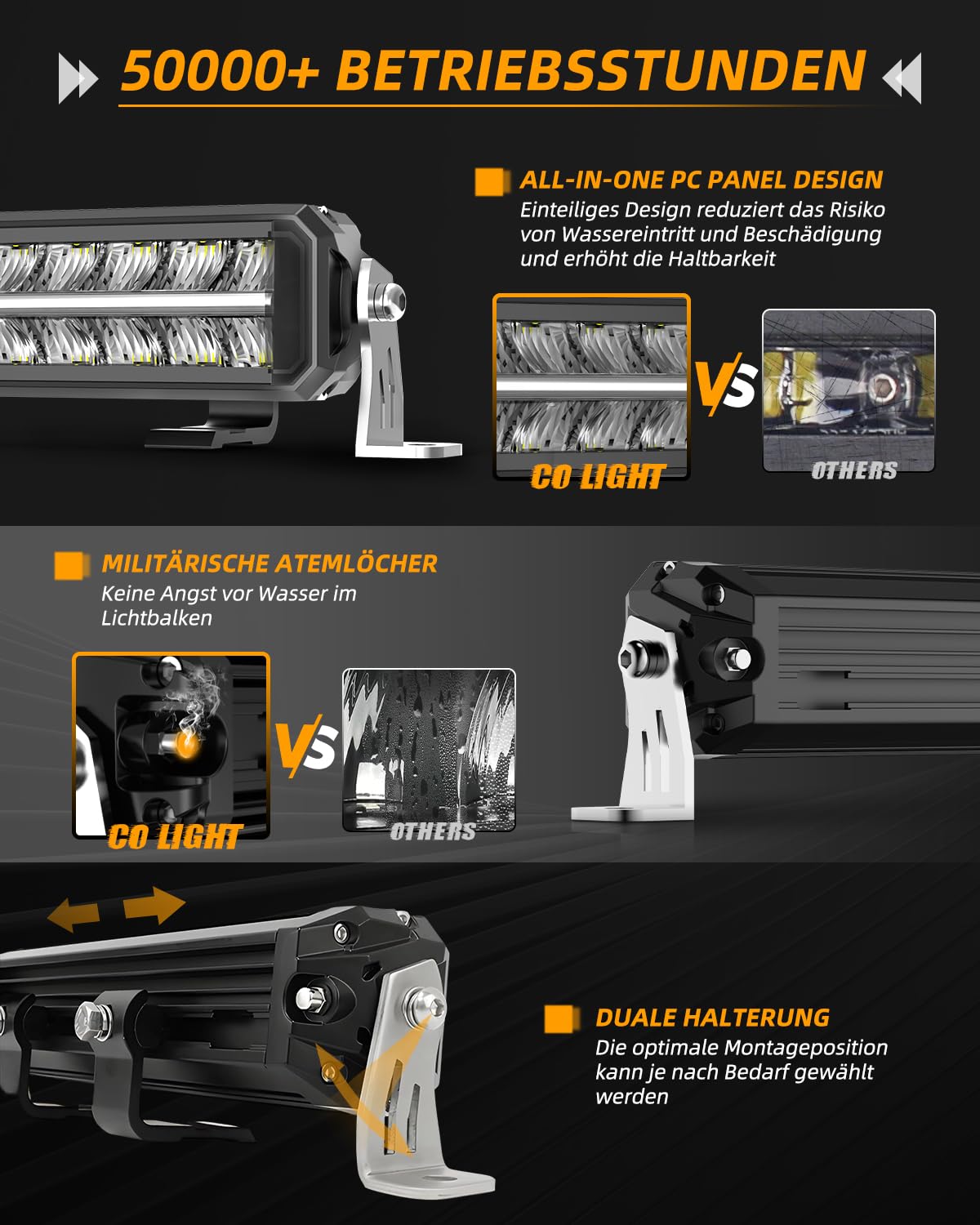 CO LIGHT 40'' (42 Zoll 106cm) LED Driving Lightbar mit E Prüfzeichen, [220W 44000LM 12V 24V IP68], Doppelte Ausführung LED Bar für Off-Road, LKWs, Schiffe, Pickup