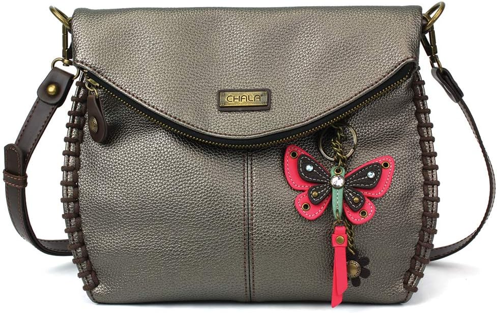 CHALA Charming Crossbody Bag Shoulder Handbag With Flap Top and Purse Charm - Pewter