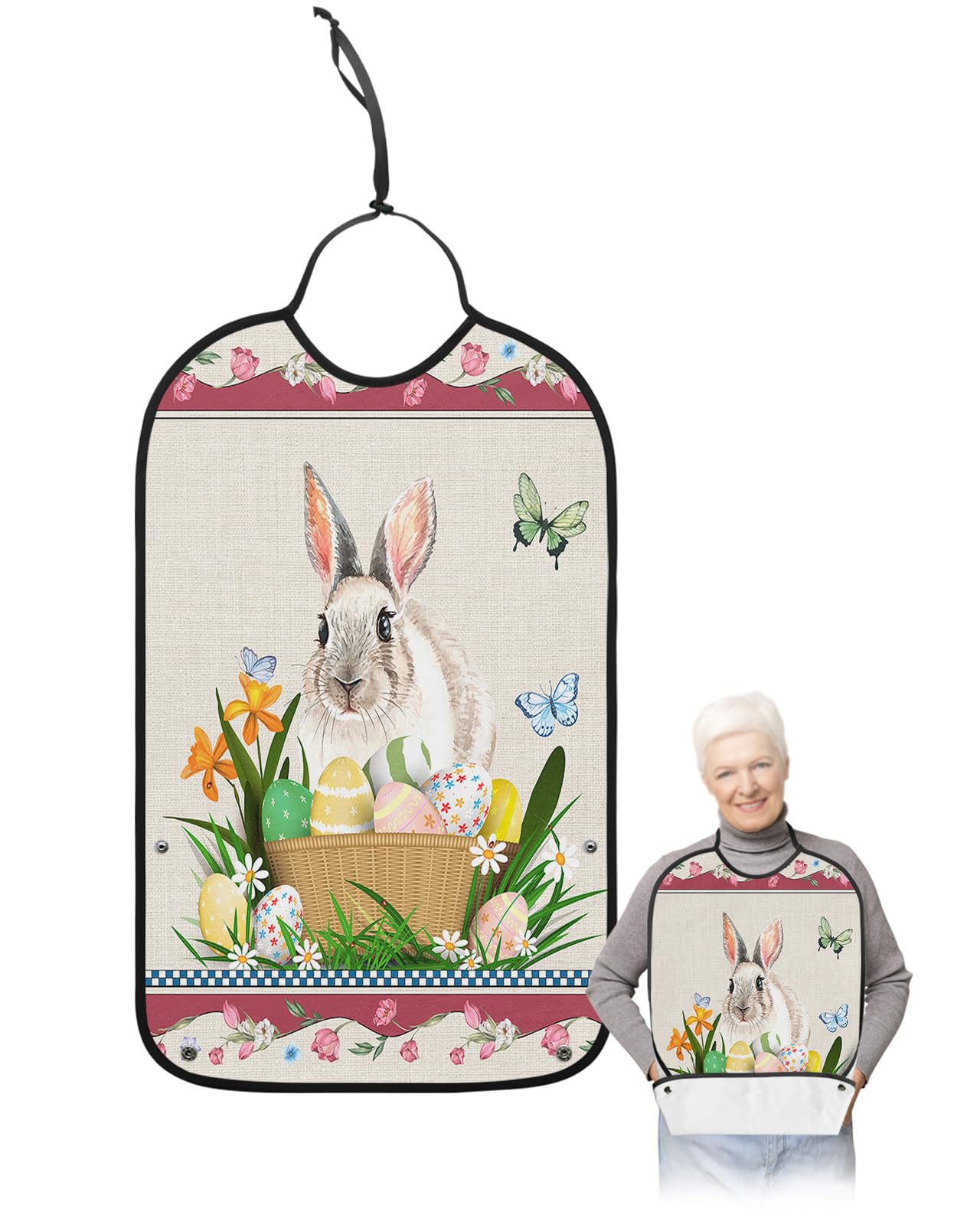 Spring Easter Adult Bibs for Eating, Waterproof Bibs with Food Catcher & Adjustable Snap Closure, Tulip Bunny Colorful Eggs Easter Basket Washable Clothing Protectors Adult Bibs for Elderly Women/Men