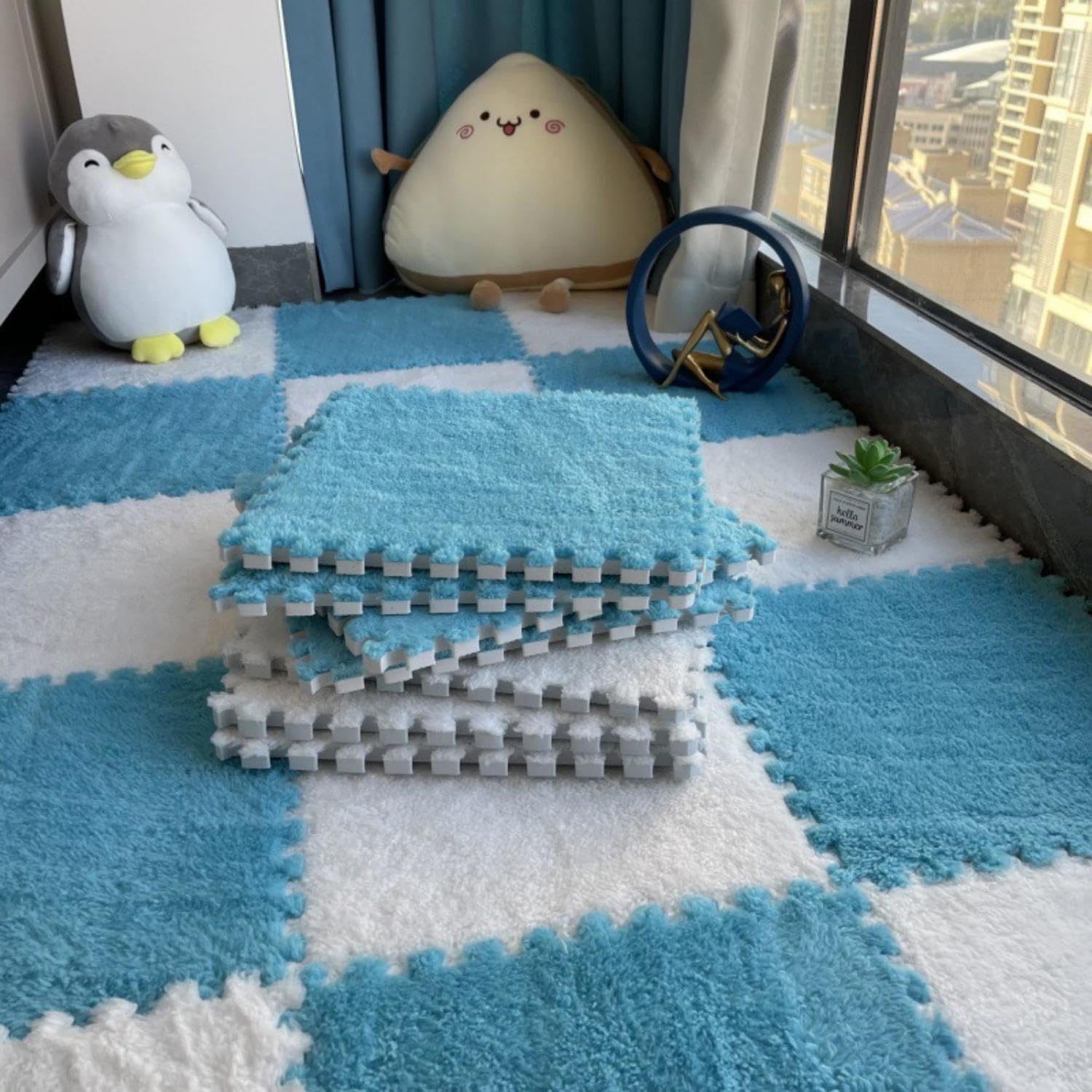 Foam Floor Tiles 10 Plush Foam Puzzle Floor Mat 30x30cm Soundproof Playmats Interlocking Carpet Mat Non-Slip Area Rug Pad for Room Decor (Blue White)