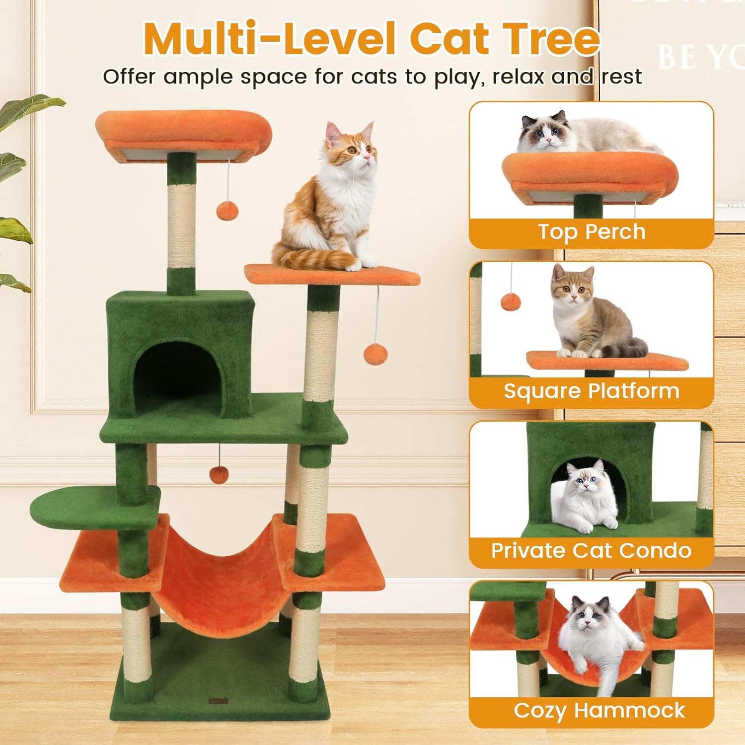 PETSITE Multi-Level Cat Tree, 58 Inches Tall with Sisal Scratching Posts, Condo, Hammock, Dangling Balls, Jumping Platforms, and Cozy Top Perch, Ideal for Indoor Cats to Play and Rest (Green)