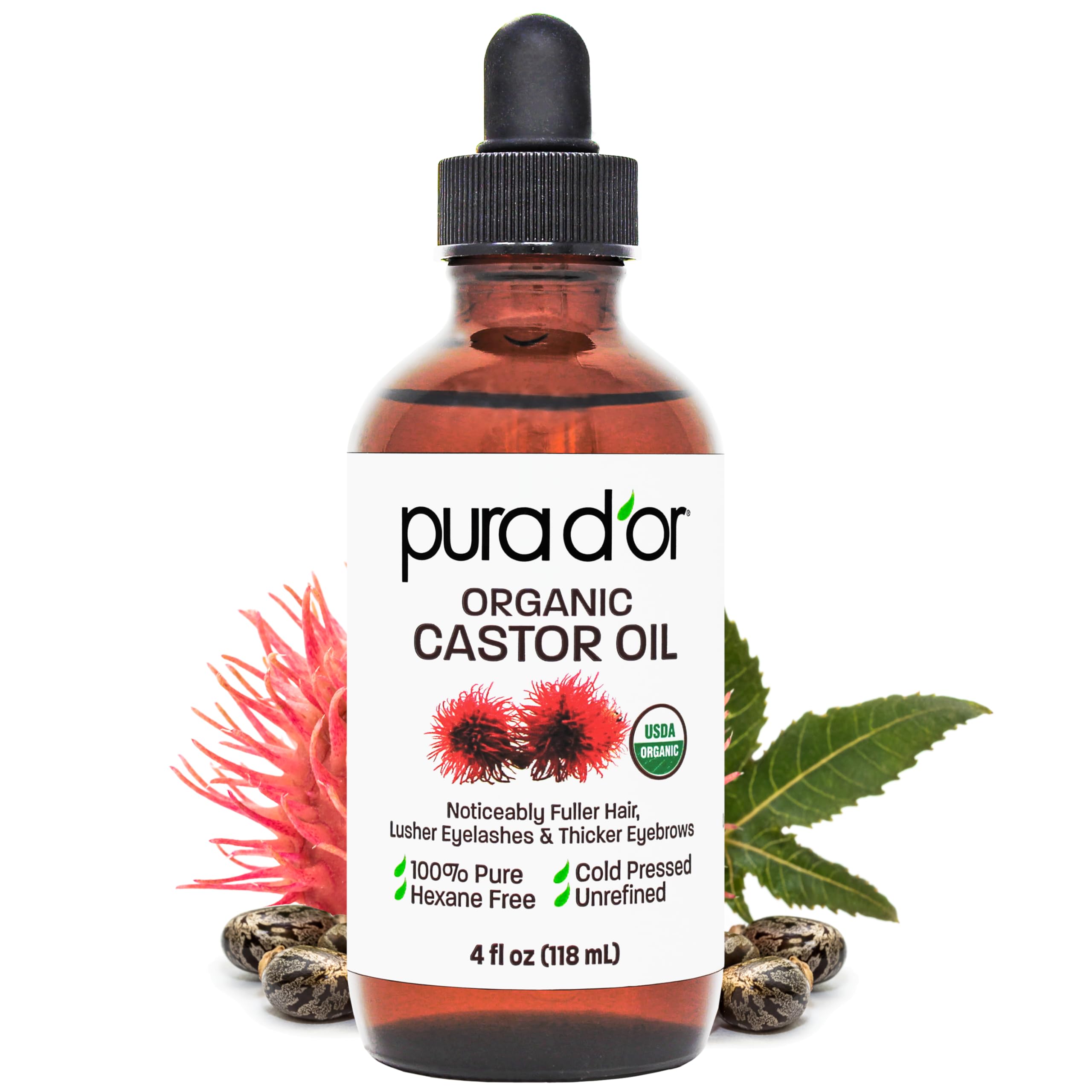 Castor Oil 4Oz 100% Pure Natural Usda Organic Carrier Oil For Body, Hair Growth, Eyebrows, Eyelashes Cold Pressed Hexane Free Oil To Moisturize & Heal Dry Skin With Bonus Brush Kits