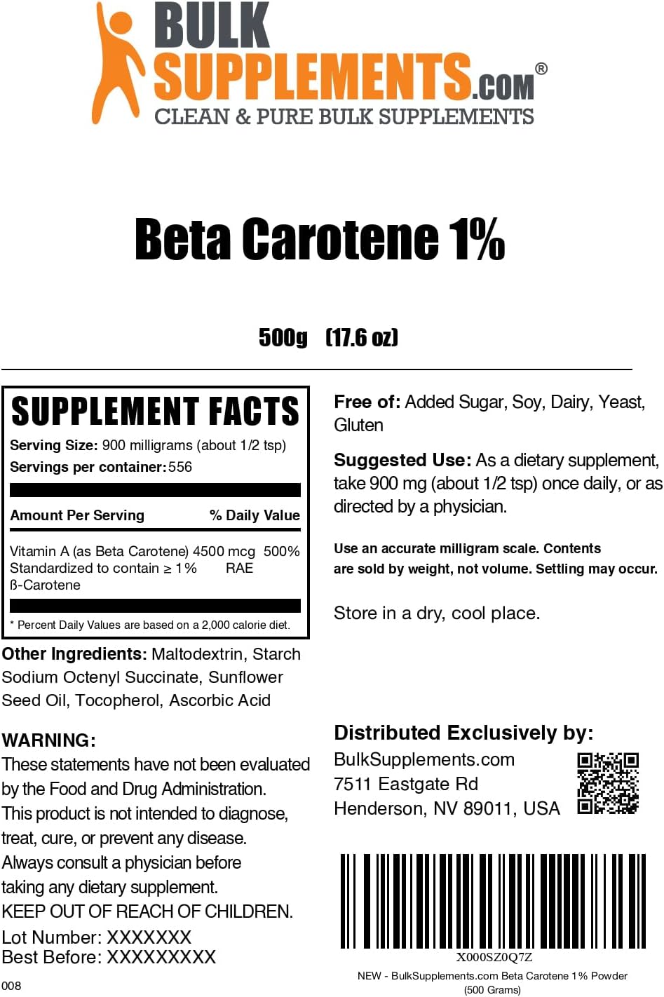 BulkSupplements.com Beta Carotene Powder - Beta Carotene Supplement, Vitamin A Supplement for Immune and Vision Support - Gluten Free, 900mg per Serving, 500g (1.1 lbs) (Pack of 1)