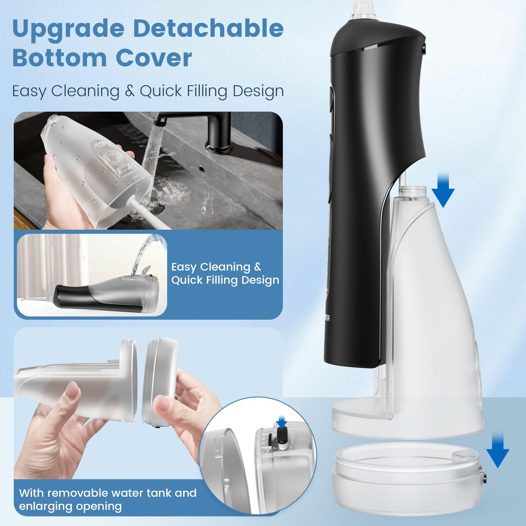 Zahnseide mit abnehmbarem waschbarem Tank, 5 Modi, wiederaufladbar, schnurlos, Munddusche, 300 ml, tragbare Zahnseide, IPX7 wasserdicht für Zuhause und Reisen, Schwarz