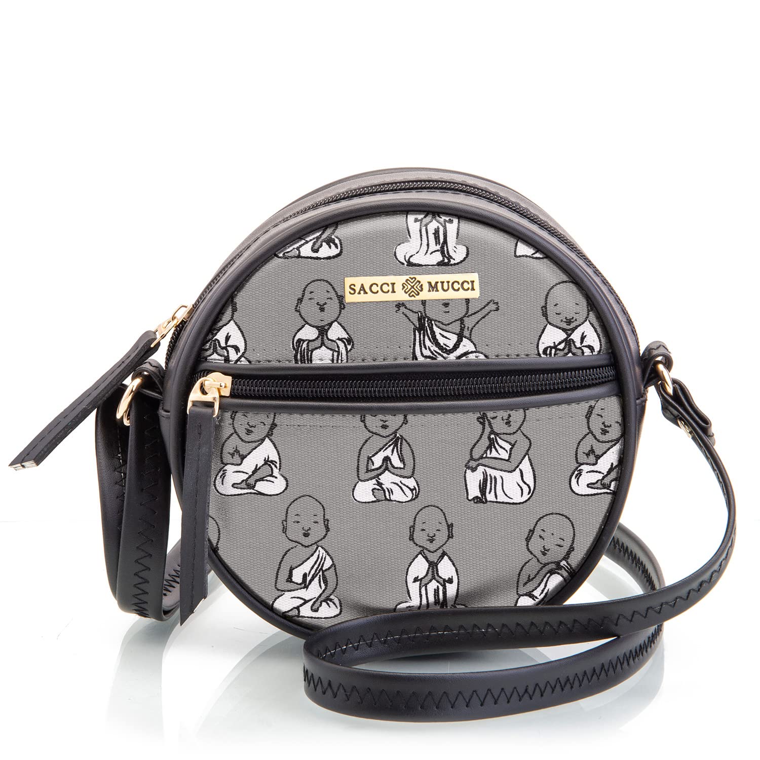 SACCI MUCCI Women Fashion Cross-body Adjustable Sling Bags - Vegan Leather and Coated Duck canvas Fabric- Cute Monk Design Print (Black) (B0C53VJ6Y2) Amazon Price History, Amazon Price Tracker