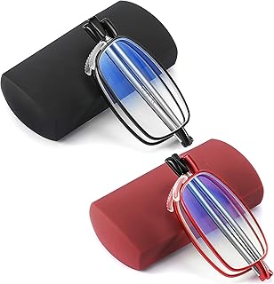 touk 2 Pack Foldable Reading Glasses Anti Blue Light, Soft Nose Pad Spring Hinge Compact Computer Readers with Portable Case for Men Women Black/Red +1.5