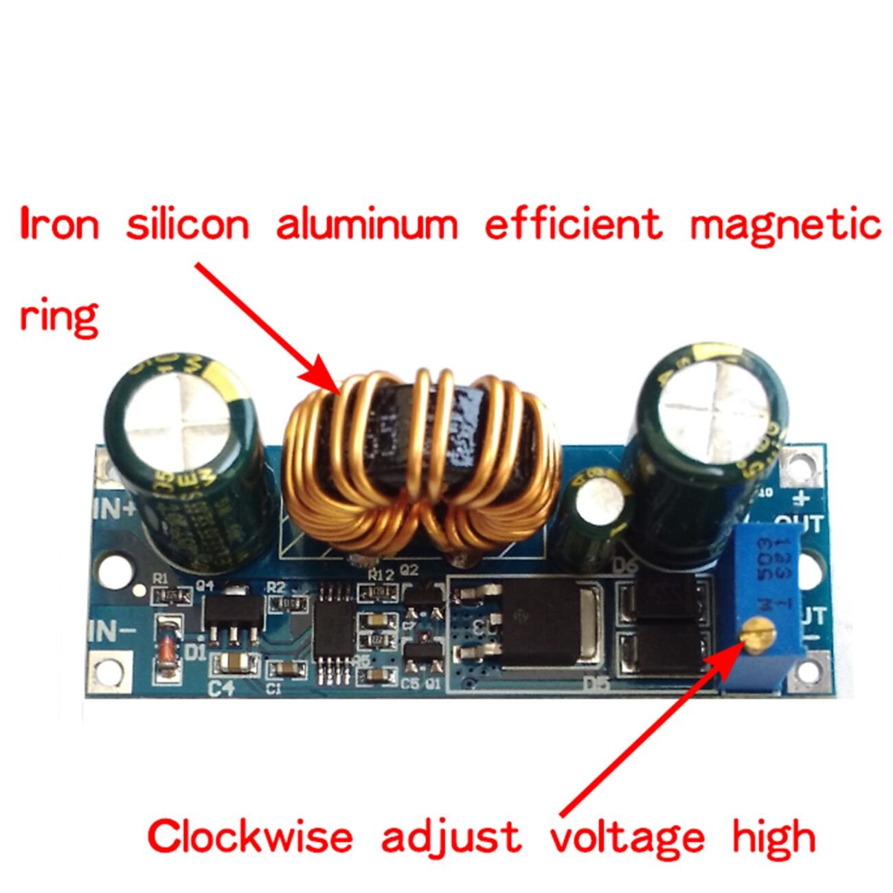 Close-up of the module showing the magnetic ring and the voltage adjustment potentiometer