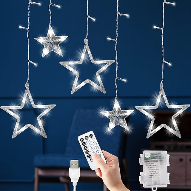 GloBrite Christmas Curtain Lights with 12 Stars and 138 LED Lights - Twinkle Star Fairy Lights with 8 Lighting Modes & Memory Function for Christmas Decorations Christmas Lights Indoor (Cool White)