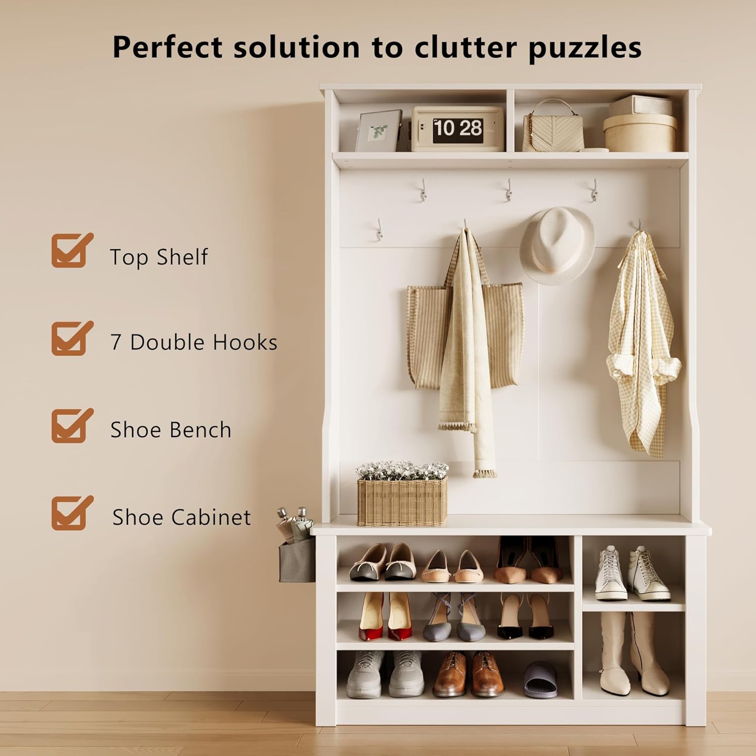 Diagram illustrating the features of the Aiho Hall Tree, including top shelf, 7 double hooks, shoe bench, and shoe cabinet.