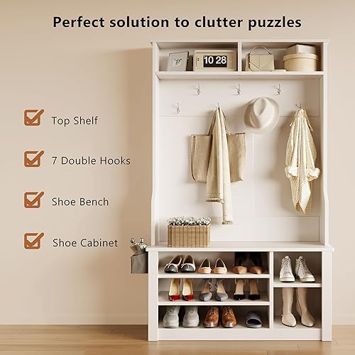 Miniatura 2 de Aiho Hall Tree with Bench and Shoe Storage, 3-in-1 Entryway Hall Tree, with Adjustable Shoe Storage, for Entryway, Hallway, White