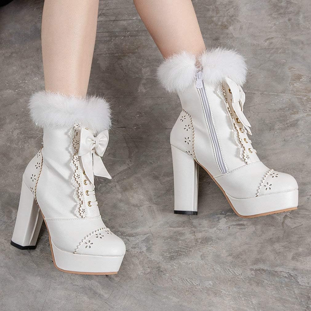 KOKOMOMO Womens Cute Boots Chunky Platform Furry Ankle Boots with Bow