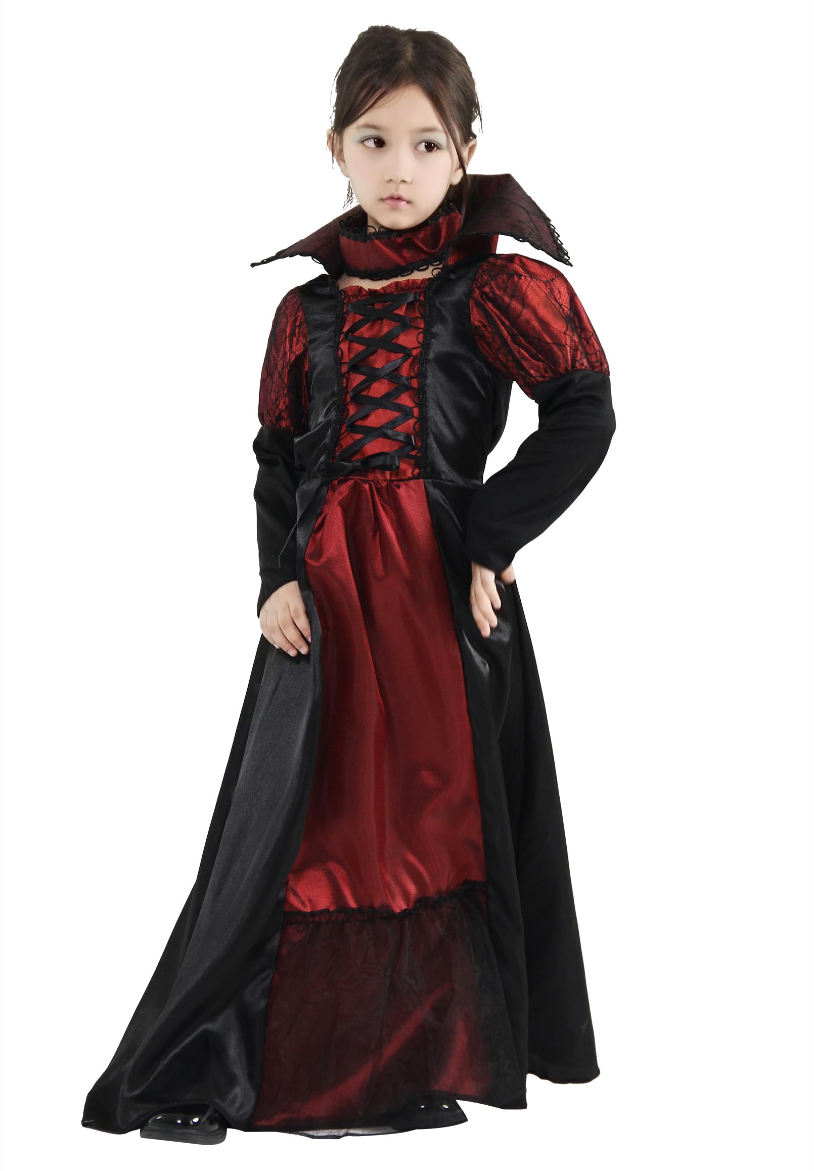 GEMVIE Disfraz de vampiro vampiresa vestido de vampira con cuello para niña, disfraz de Halloween niña Carnaval Cosplay Negro-Rojo
