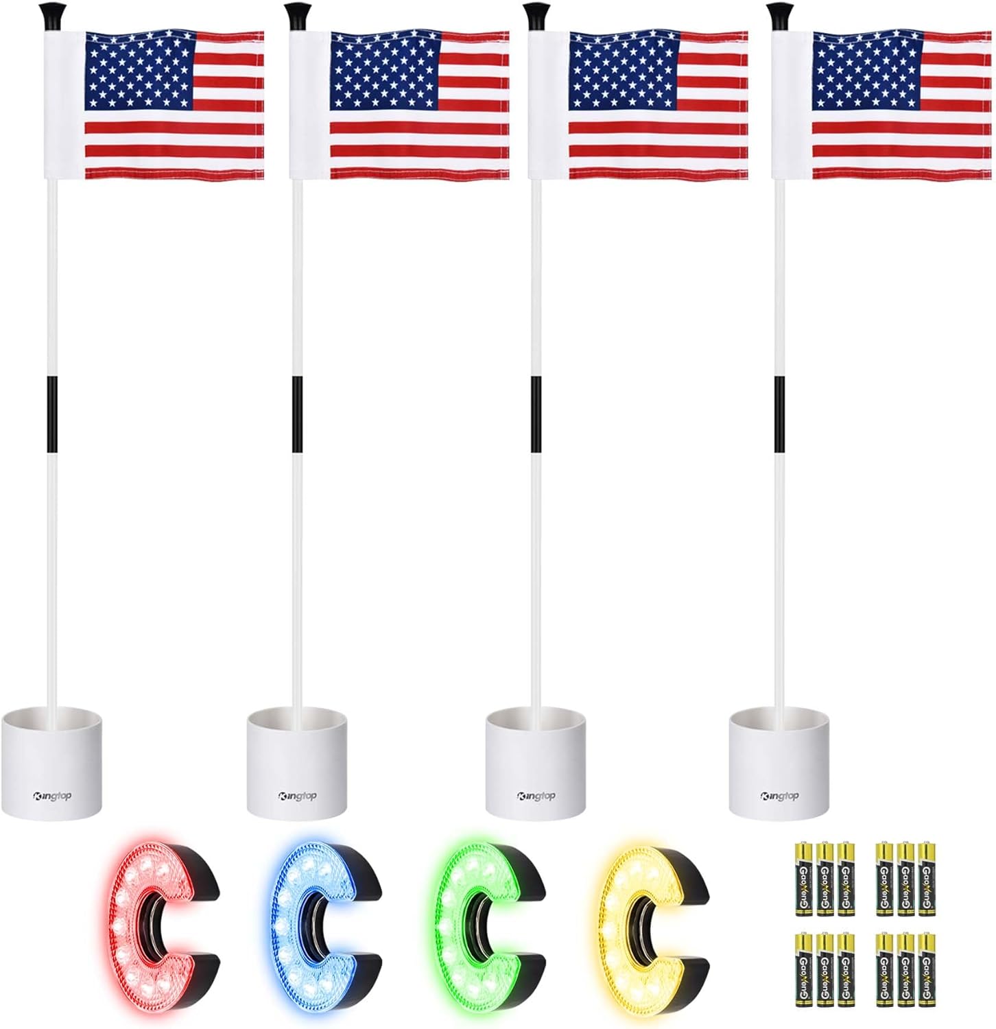 KINGTOP Mini Golf Flagstick with RGB Hole Light, Practice Putting Green Flags for Yard, Golf Pin Flag Hole Cup Set, Light Up Night Golf Party, 4-Pack