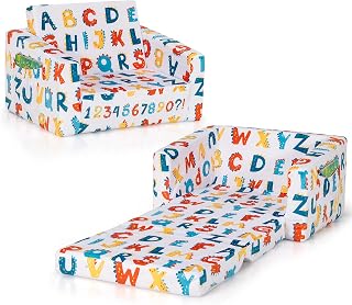 Costzon Kids Sofa, 2 in 1 Flip Open Couch w/Sturdy Sponge Construction, Velvet Fabric, Storage Pockets, Toddler Armrest Chair Bed for Nap Play Sleep, Ideal Gift for 0-4 Years Old Children, Alphabet