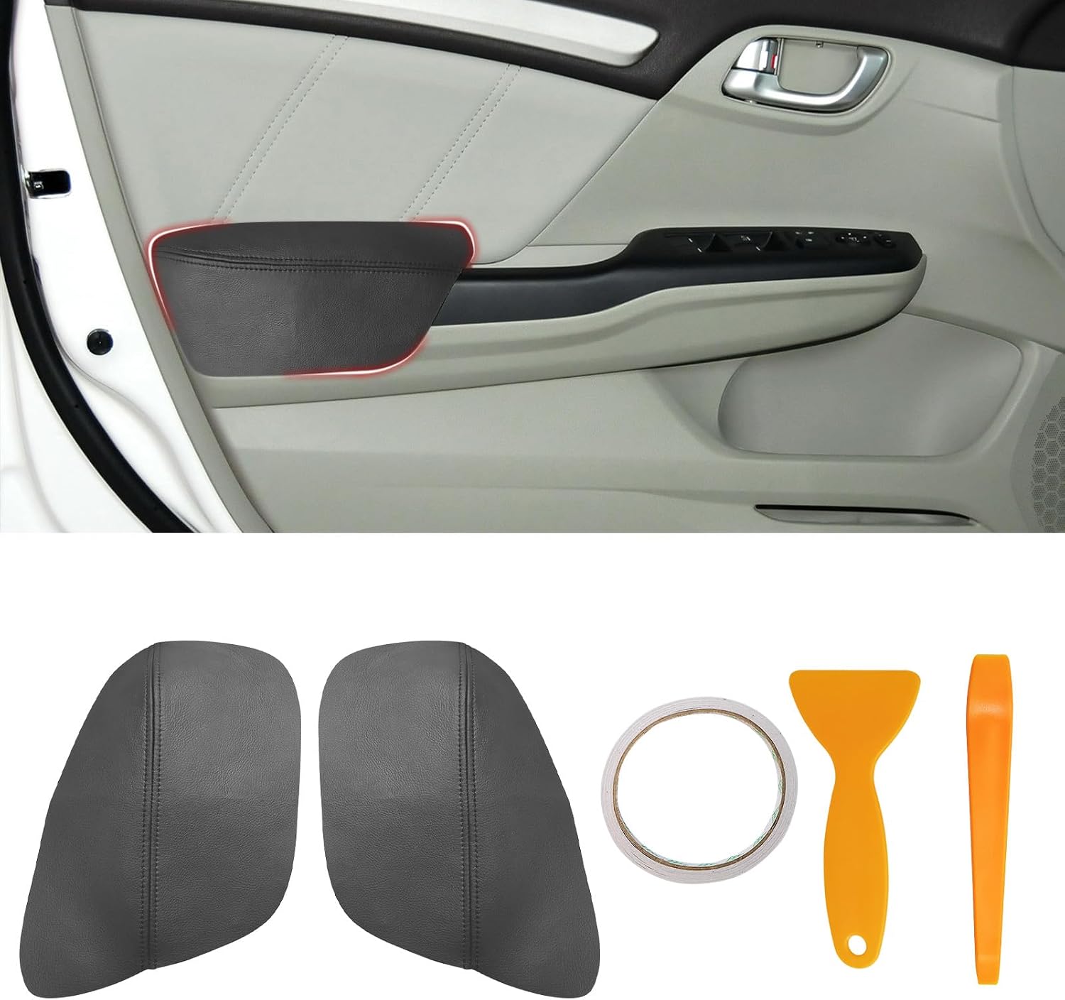 Compatible with Front Door Panels Armrest Cover for Honda Civic 2012-2015 Leather Left & Right Front Door Armrest Trim with Installation Tool 2PCS Black (Leather Only)