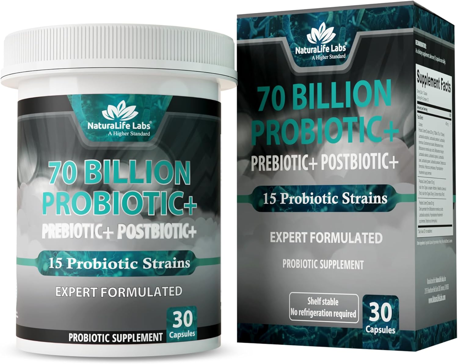 NaturaLife Labs Probiotics 70 Billion CFU – 15 Strains with Organic Prebiotic & Postbiotic – 3-in-1 Formula – 30 Vegan Capsules