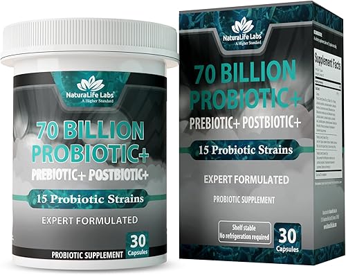 NaturaLife Labs Probióticos 70 mil millones de CFU – 15 cepas con prebiótico y postbiótico orgánico – Fórmula 3 en 1 – 30 cápsulas veganas
