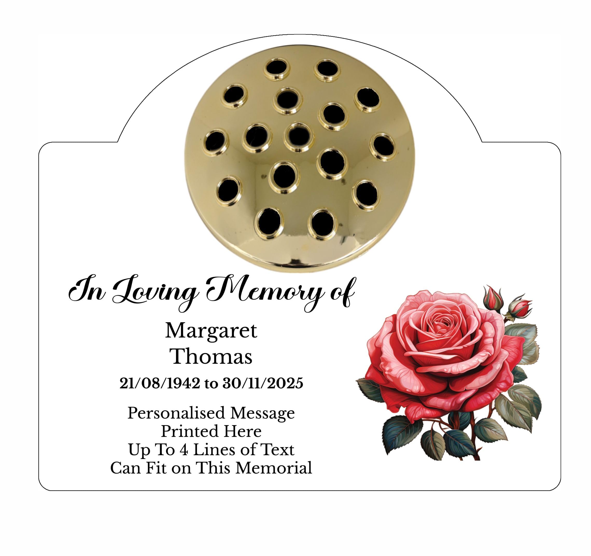 1stclassgifts Personalised Rose Design Metal Grave Stone Marker Headstone Memorial Plaque, In Memory Sign Remembrance Vase Flower Pot Grave (UV PRINTED) (White, Gold Lid)