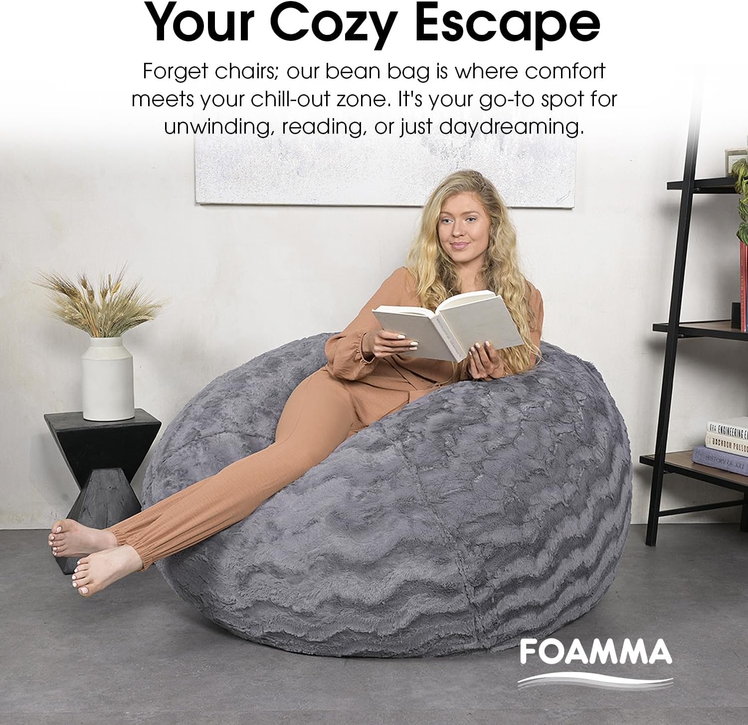 Foamma Faux Fur Bean Bag Chair, Grey - 5ft Plush Floor Chair for Kids and Adults with Washable Cover, Lounge Chair with Stretchable Fabric, Comfy Chair with Faux Fur Cover, Bedroom Chair