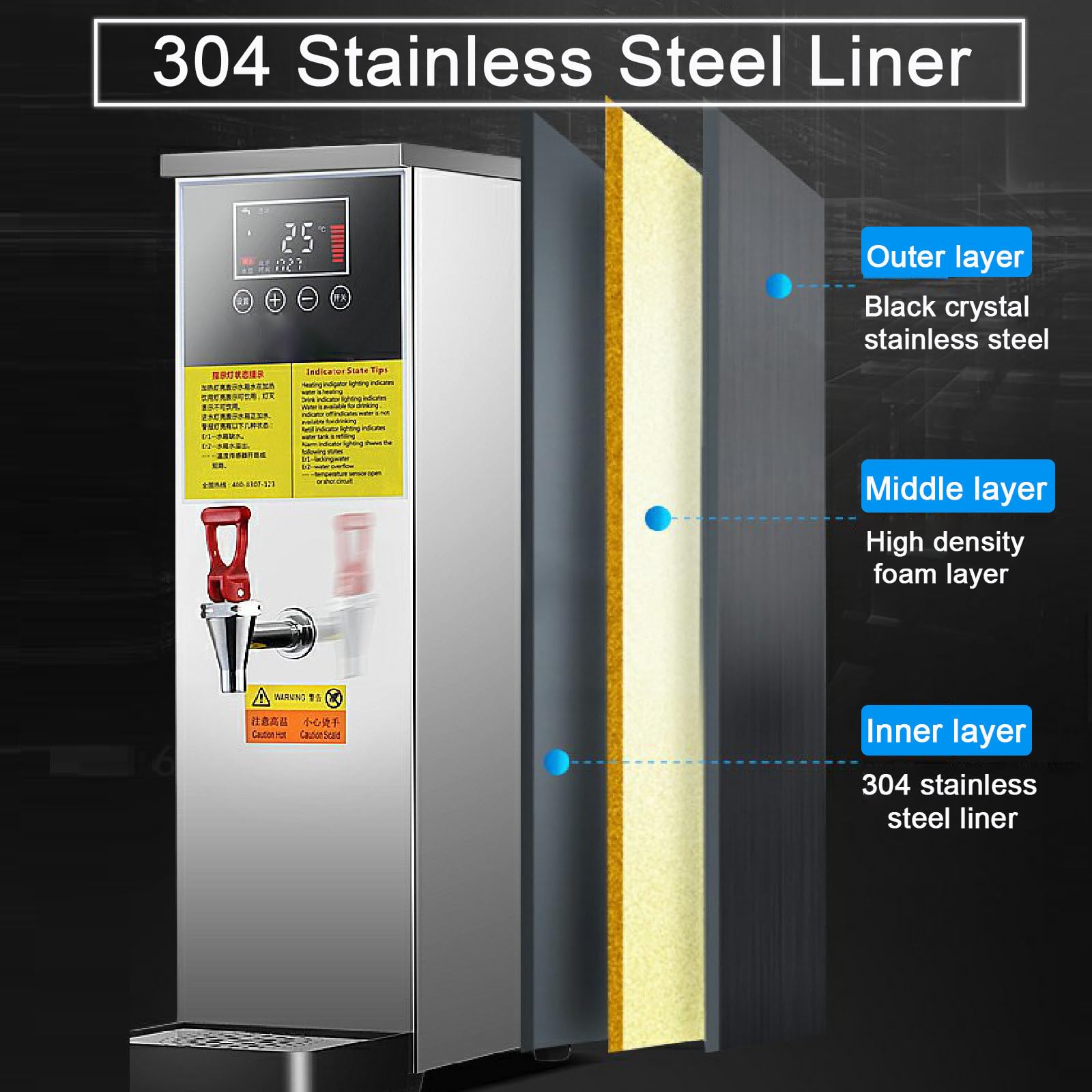 Scaldacqua Commerciali, Pannello di Controllo Digitale, Controllo della Temperatura 40-100 °C, scaldabagno Automatico in Acciaio Inossidabile, bollitore, per Bevande Calde (Silver 50l)