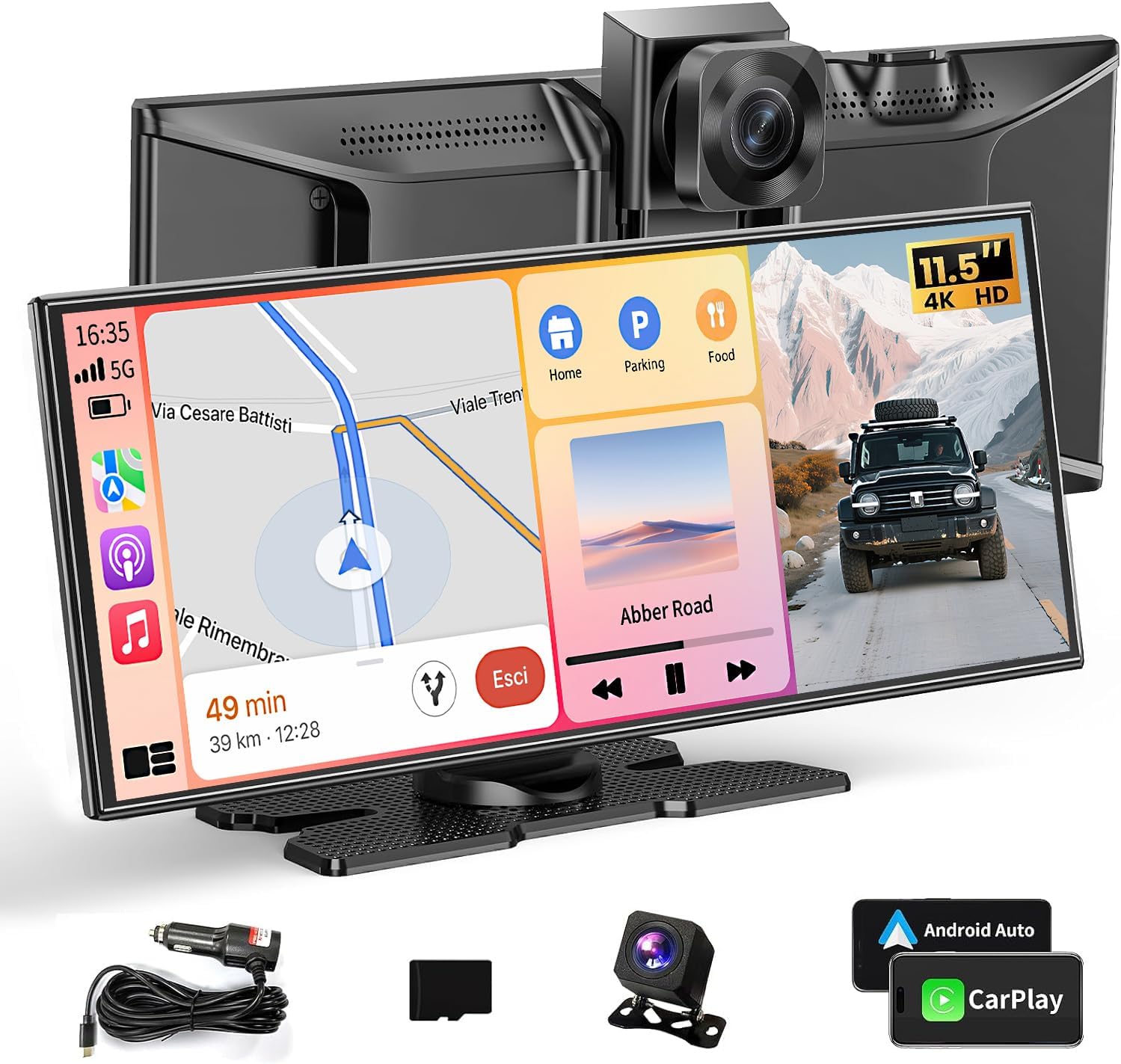 Largest 11.5" Portable Apple Carplay Screen for Car, 4K Wireless Car Play & Android Auto, Upgrade Touchscreen with Dash Cam, App Control/Loop Recording/Backup Camera/Mirror Link/GPS/FM