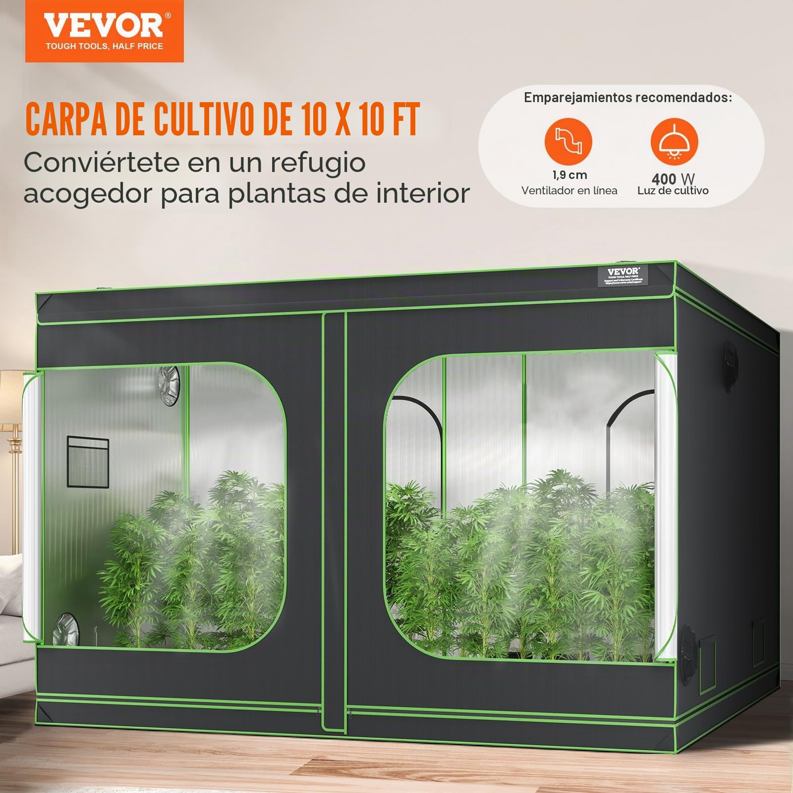 VEVOR Armario de Cultivo 305x305x203 cm Carpa de Cultivo Hidropónico Mylar 600D Altamente Reflectante con Ventana de Observación, Bolsa de Herramientas, Bandeja de Piso para Cultivo de Plantas