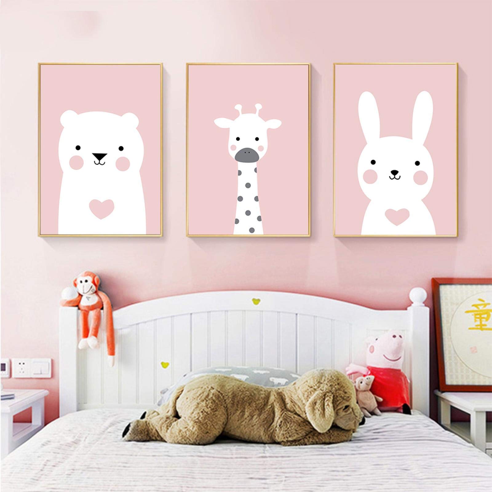 Lienzo pintura pintura rosa estrella luna nube cartel dibujos animados conejo jirafa oso bebé guardería pared arte imagen habitación de niños 20x30cm (8x12in) x3 Marco interno