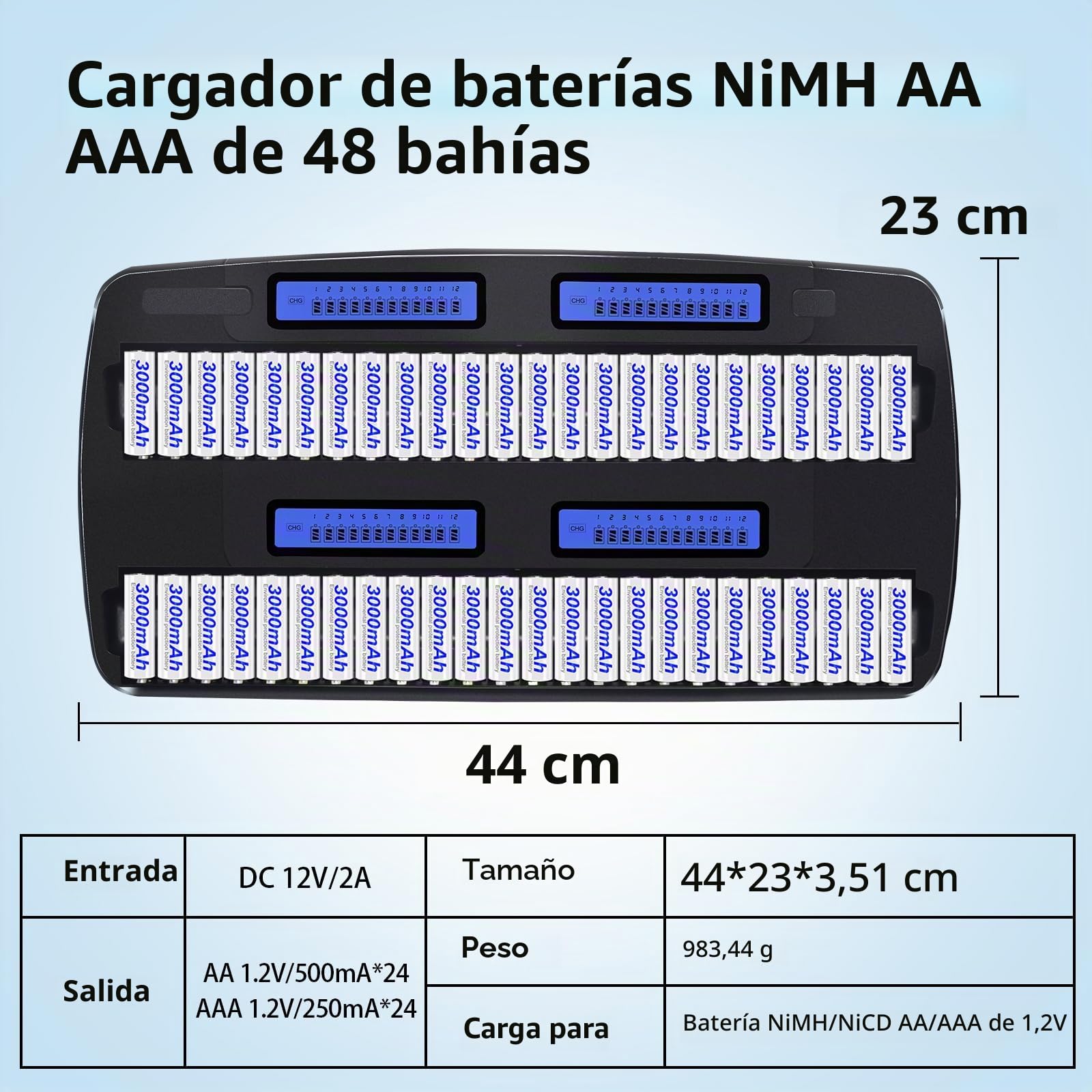 Cargador de Pilas AA AAA 48 Ranura - LCD Cargador de Batería Inteligente Rápido Universal para Recargables AA y AAA Ni-MH/Ni-CD Pilas, No se Incluyen Pilas