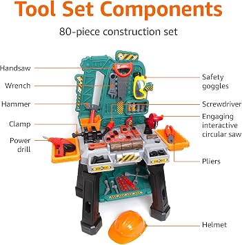 Amazon Basics Kids Workbench Construction Toy, Pretend Play Tool Set with 80 Pieces, Educational Interactive Playset, Play Helmet & Safety Goggles, for Ages 3 and Up, Multicolor, Medium